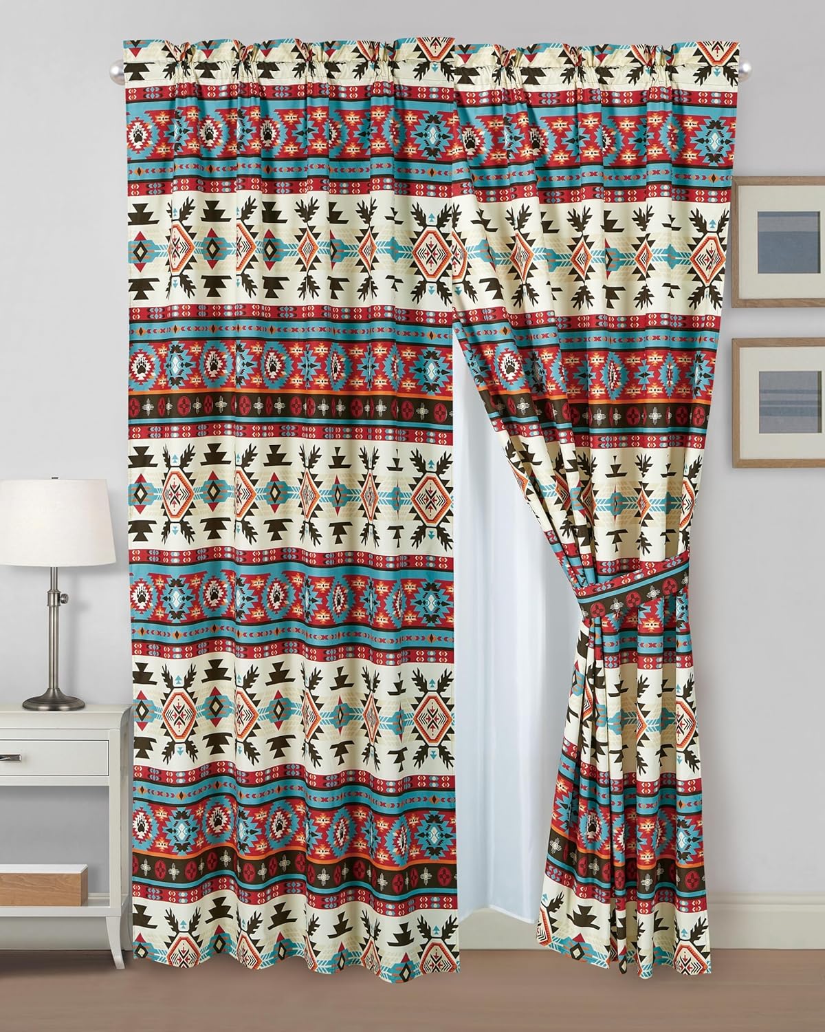 Chezmoi Collection Sanse 4-Piece Southwestern Geometric Motif Window Curtain Set with Sheer Backing - Multicolor Red Brown Blue Cream Printed Microfiber, 120 inch x 84 inch