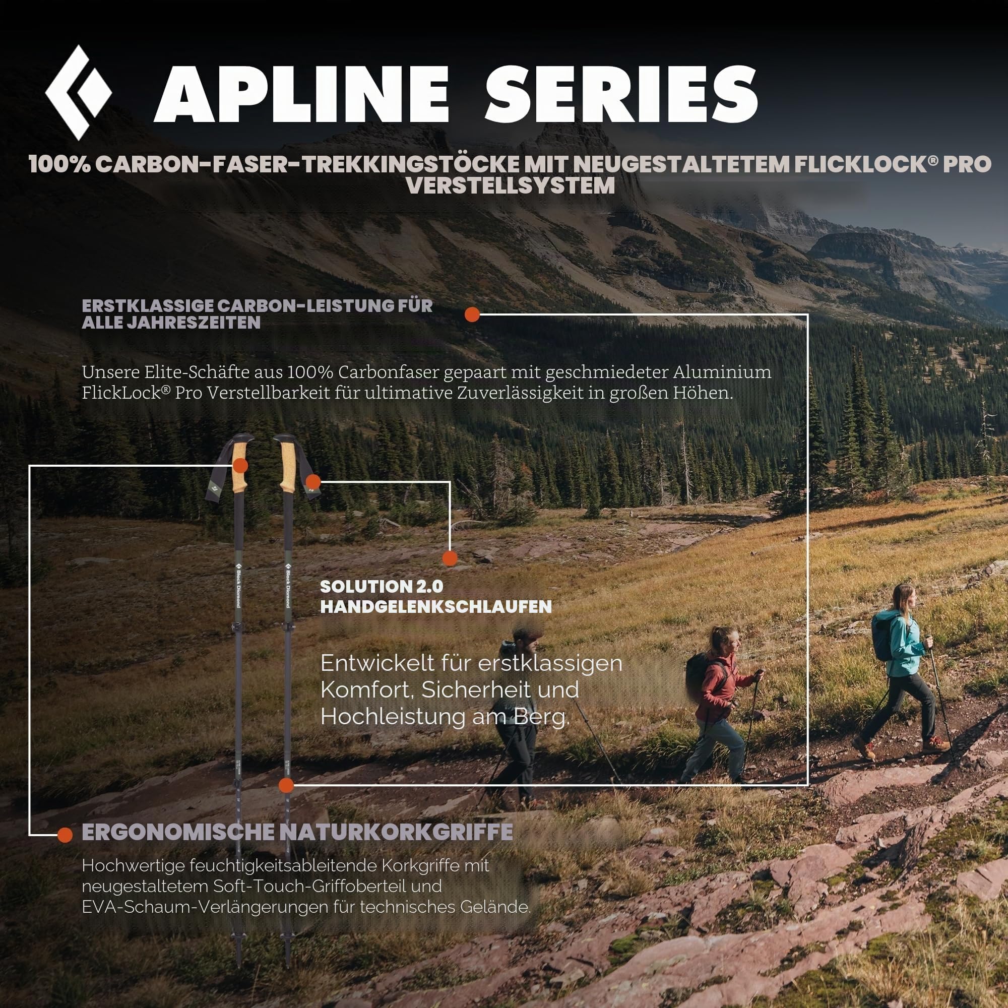 Black Diamond ALPINE CARBON CORK POLES, Ultra-Leichte Trekkingstöcke, Wanderstöcke mit Kork-Griff, verstellbar