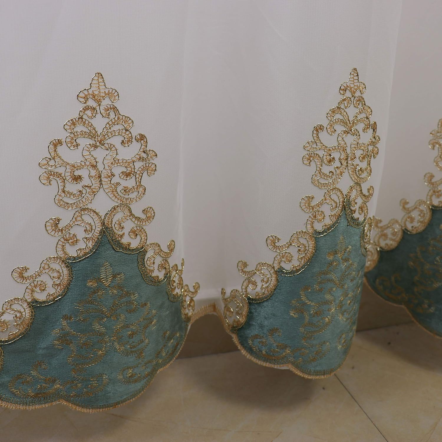 SLOW SOUL 2 Panels European Luxury Curtains Velvet Embroidered Tulle for Living Room Kitchen Bedroom Sheer Curtain with Rod Pocket Light Green 50W X 102L inch