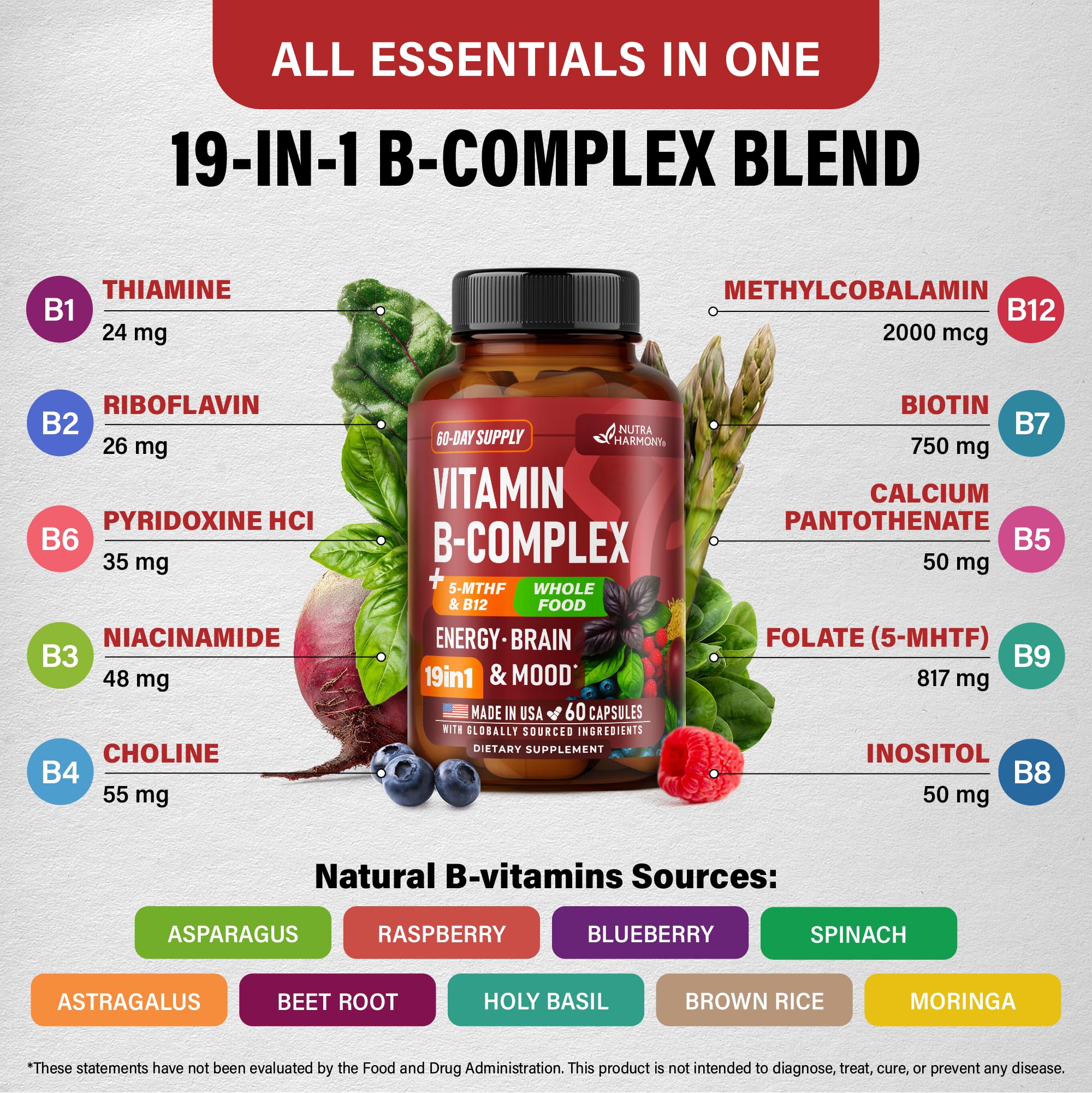 Vitamin B Complex: B1, B2, B3, B5, B6, B7, B12, 5MTHF + Whole Food - 60Caps — Amazon image 4