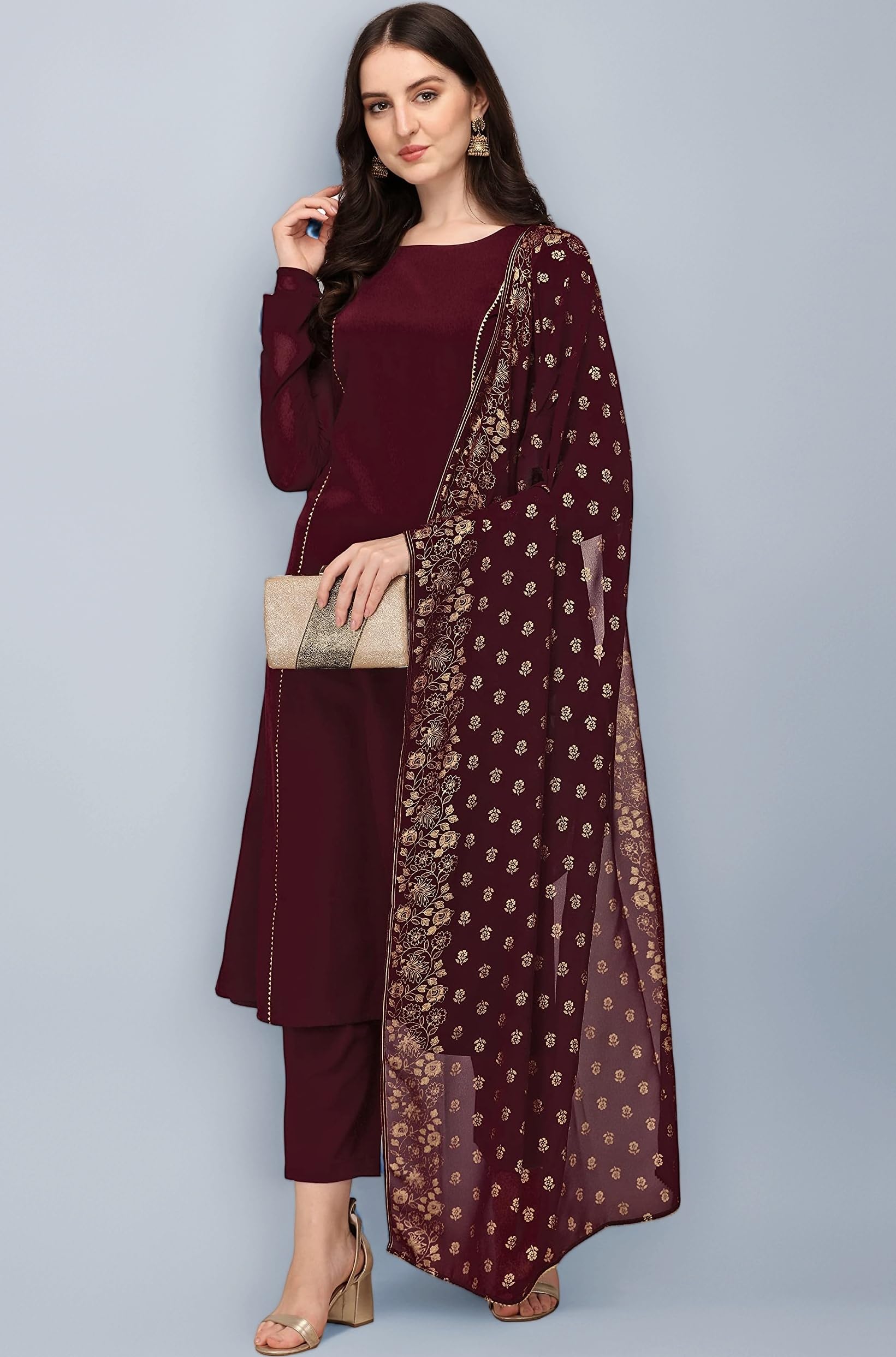 FIORRA Women's Maroon Poly Crepe Straight Kurta with Pant and Dupatta