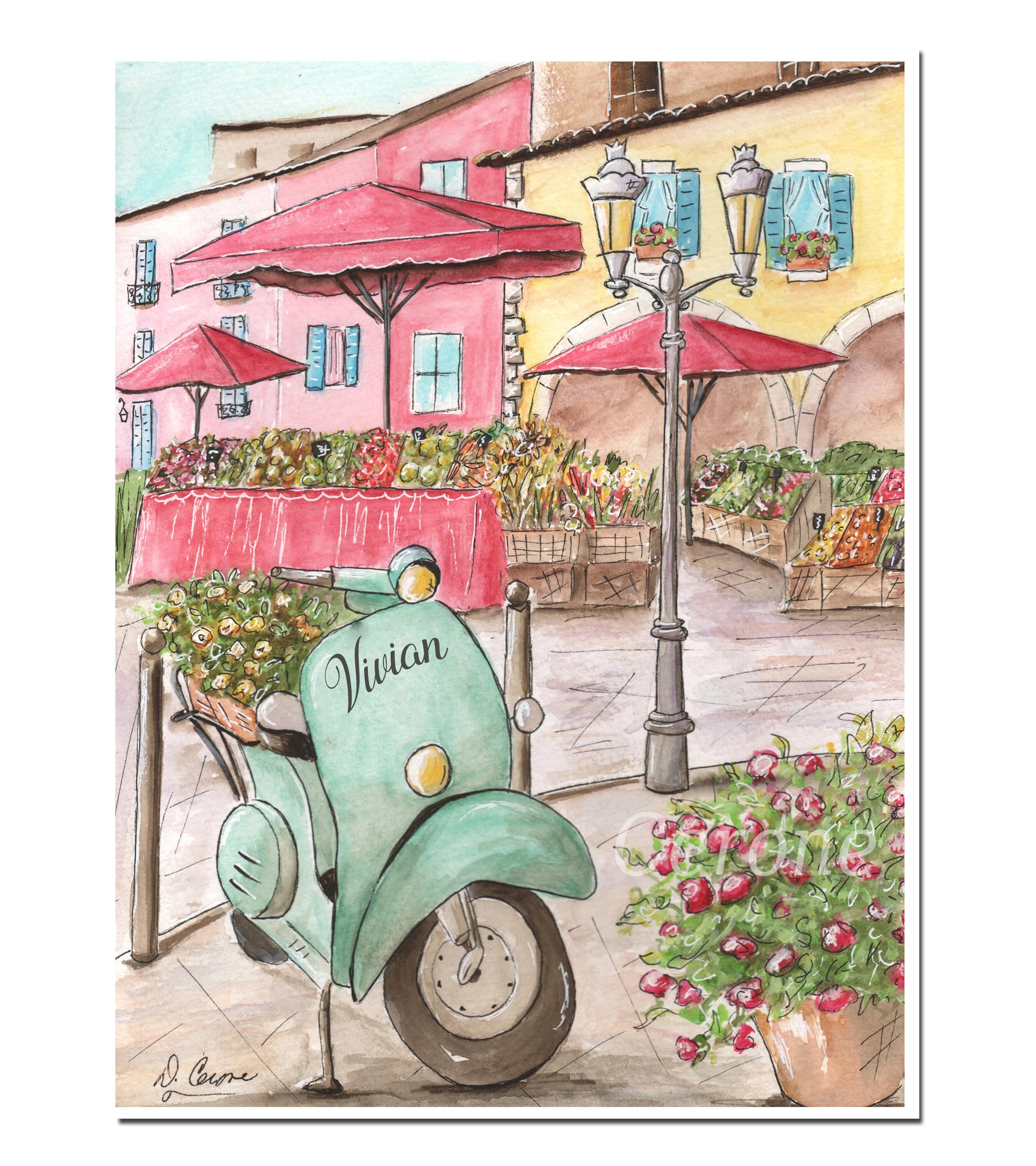 Italian Scooter Print, Vespa In Paris Poster, 5x7 to 24x36, European Fruit Market Watercolor Painting, Italy Art, Pink & Green Girls Room Home Decor, Cute Travel Theme Print For Teen, Tween, Toddler