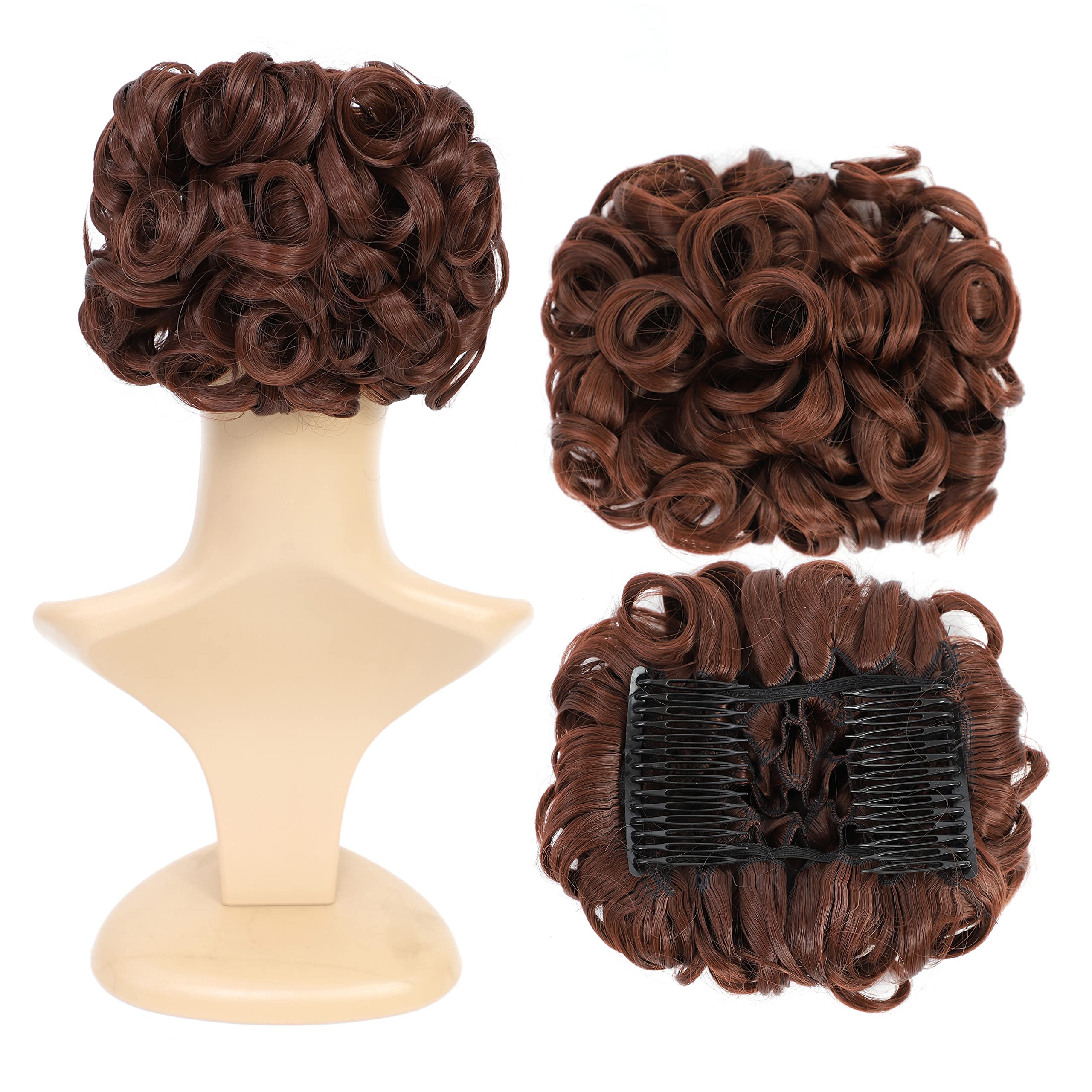 SWACC Short Messy Curly Dish Hair Bun Extension Easy Stretch hair Combs Clip in Ponytail Extension Scrunchie Chignon Tray Ponytail Hairpieces (Dark