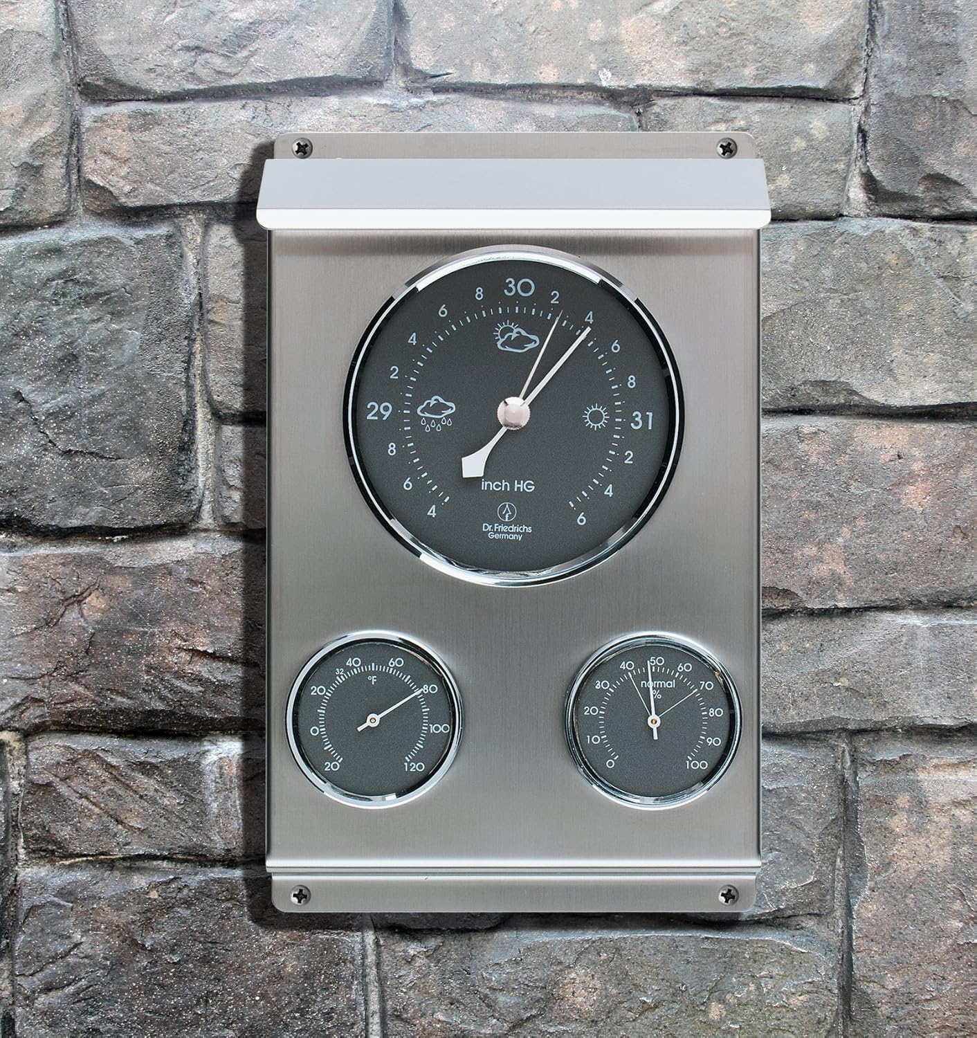 HOKCO Weather Station mounted on a stone wall, showing its integration into an outdoor architectural element.