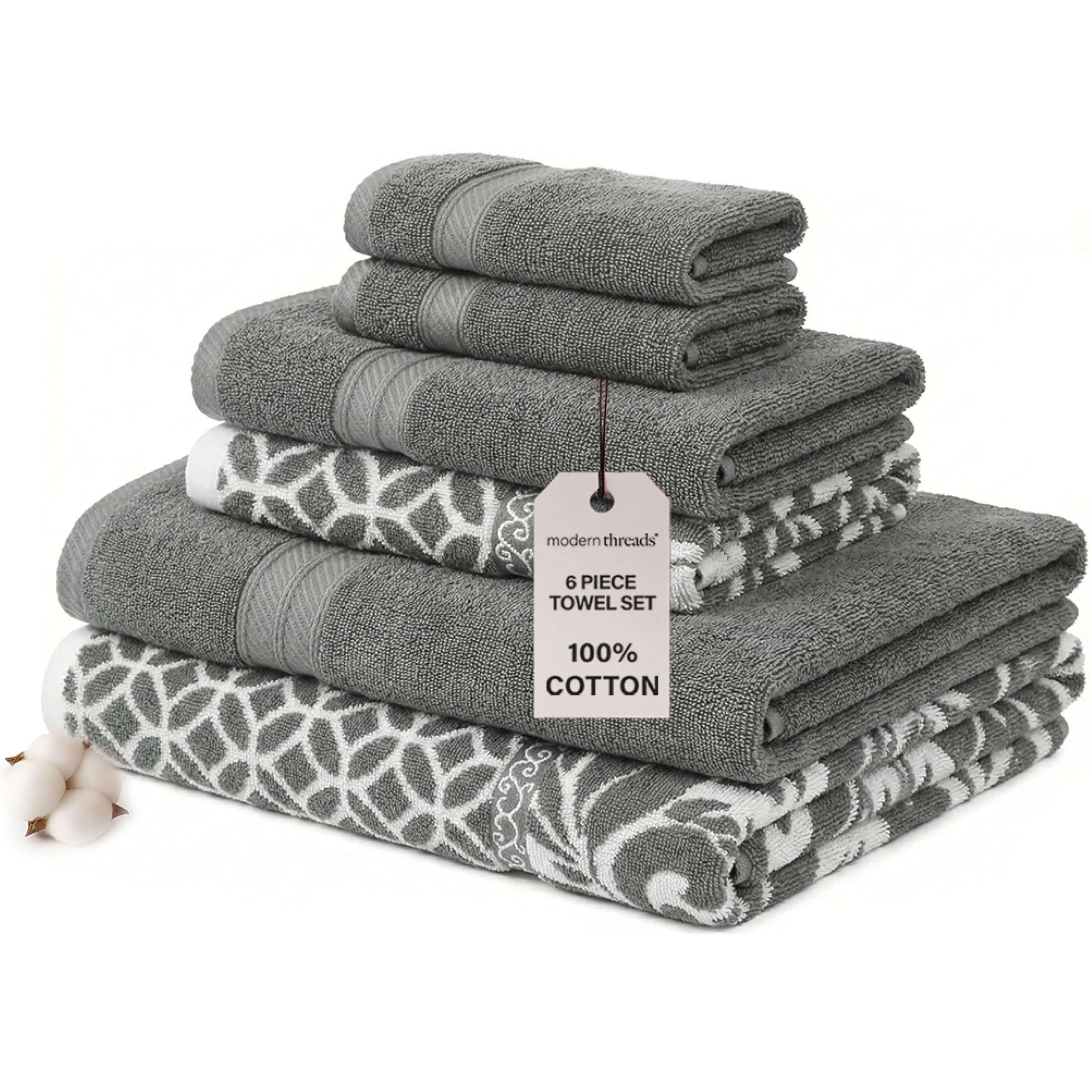 Amrapur Modern Threads Trefoil Filigree 6-Piece Reversible Yarn Dyed Jacquard Towel Set - Bath Towels, Hand Towels, & Washcloths - Super Absorbent & Quick Dry - 100% Combed Cotton Platinum