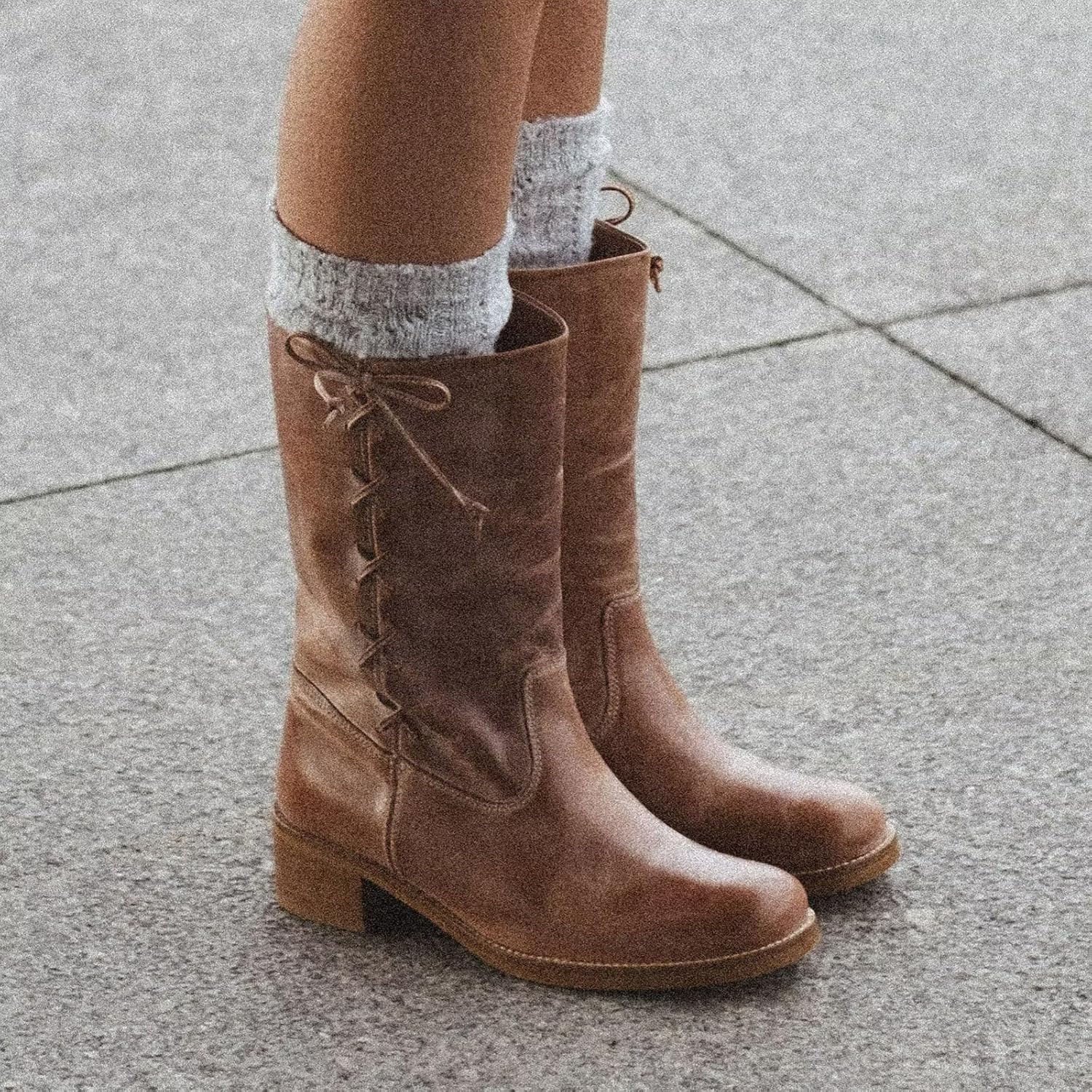 Agodor Vintage Campus Mid Calf Boots for Women,Side-Lace Banane Riding Boots with Bow Round Toe Chunky Block Low Heel Pull On Fall Winter Boot