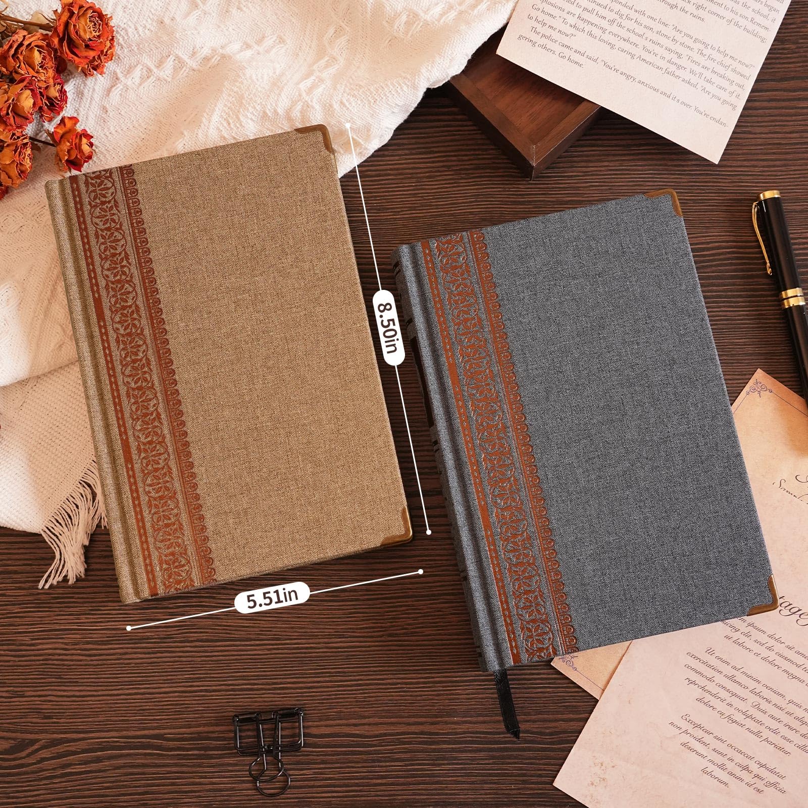 Vintage Hardcover Notizbuch A5 Journal - 384 Seiten Dickes Kraftpapier (100GSM), Leinenstoffeinband mit goldenen Eckenschutzen, Schreibtagebuch für Damen und Herren, Reisetagebuch, Büro & Schule (Blau