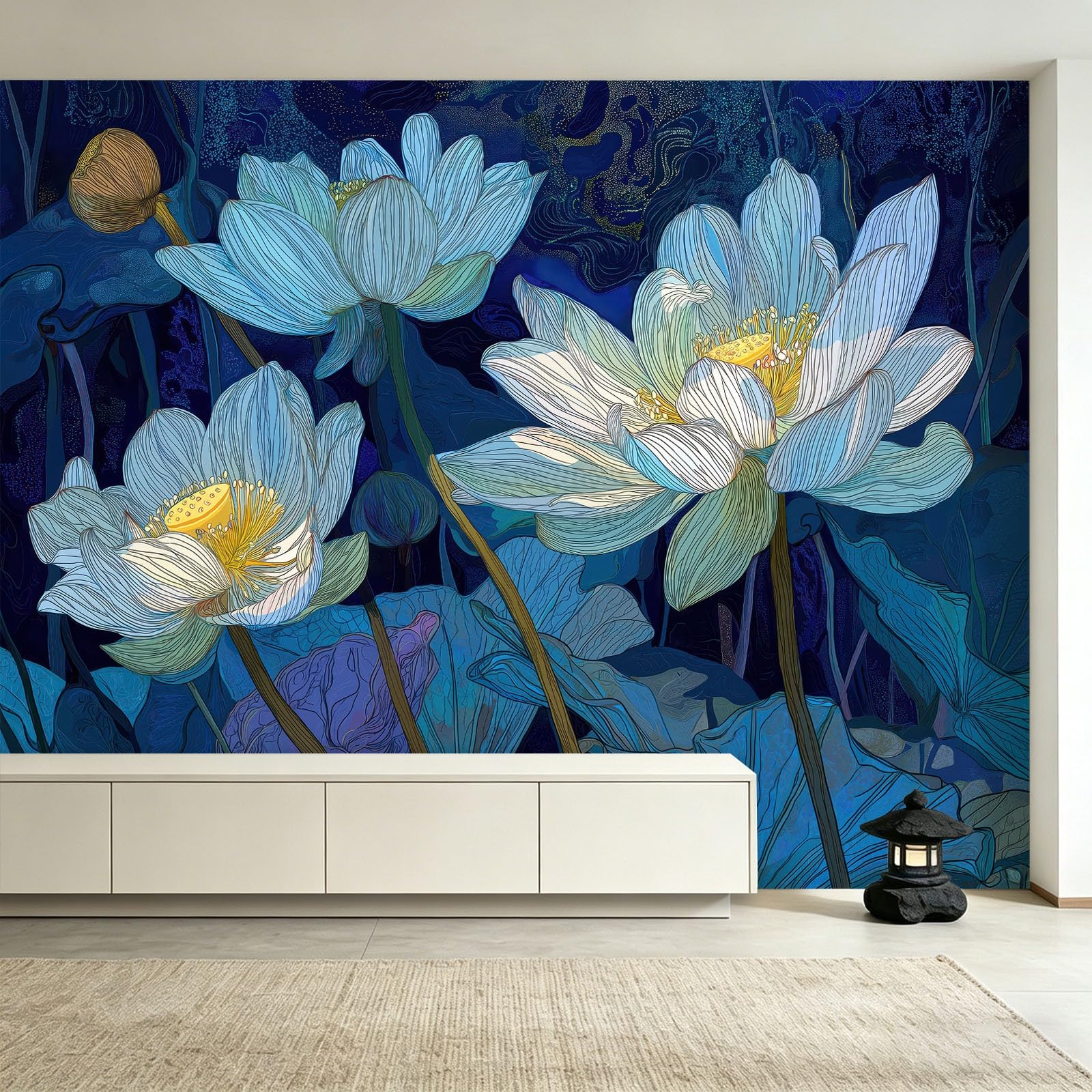 Fototapeta do salonu, kwiaty, lilia wodna, powierzchnia wody 400 x 280 cm, akwarela, lotus, druk 3D, tapeta na fizelinę, tapeta ścienna do sypialni, pokoju dziecięcego, tło TV, tapeta z włókniny