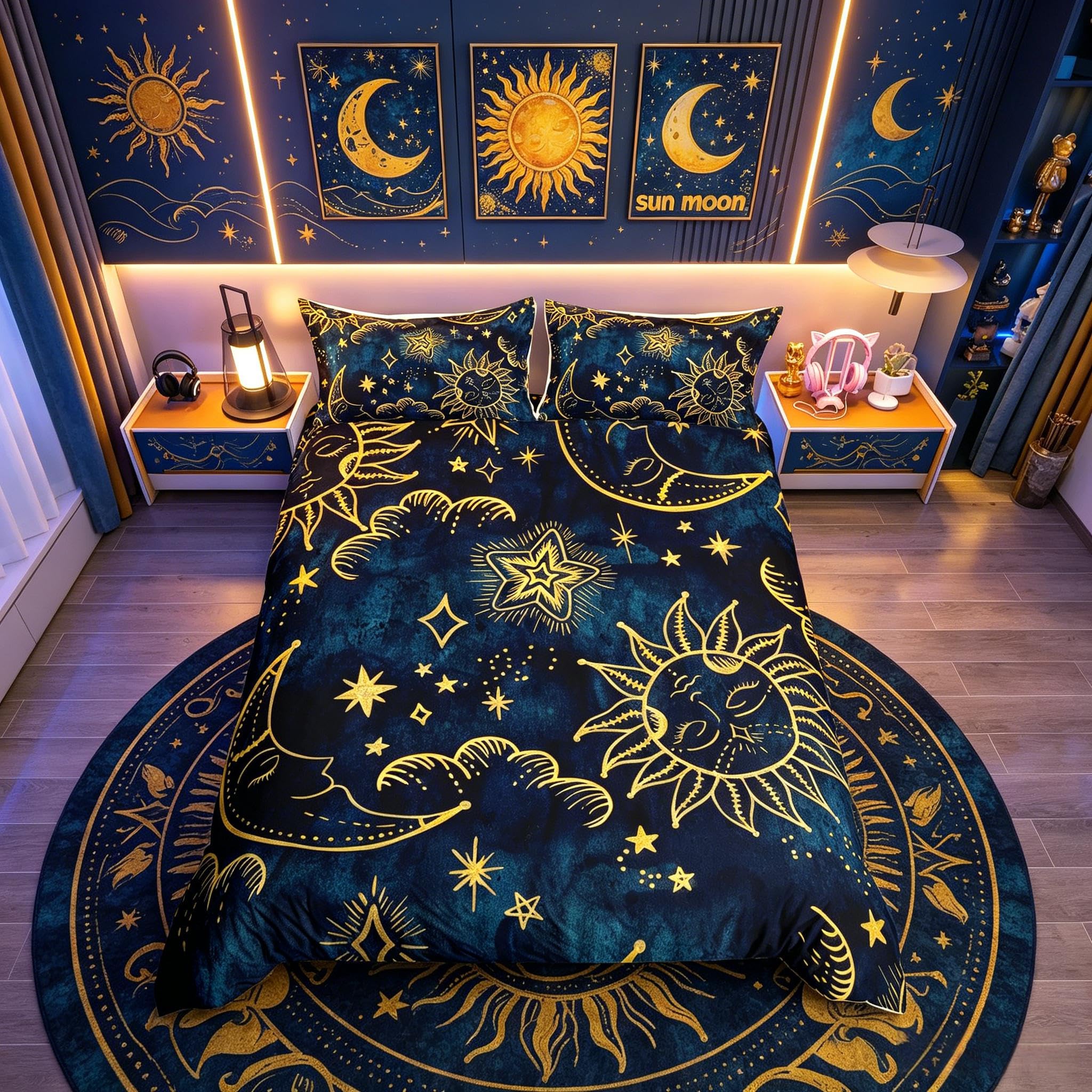 Richhome Boys Color 07 Moon Star Sun Duvet Cover Set Double For Kids Adult Bedroom Navy Blue Golden Soft Comforter Quilt Cover Cartoon Universe Bedspread Cover Bedroom Collection 3Pcs Bedclothes