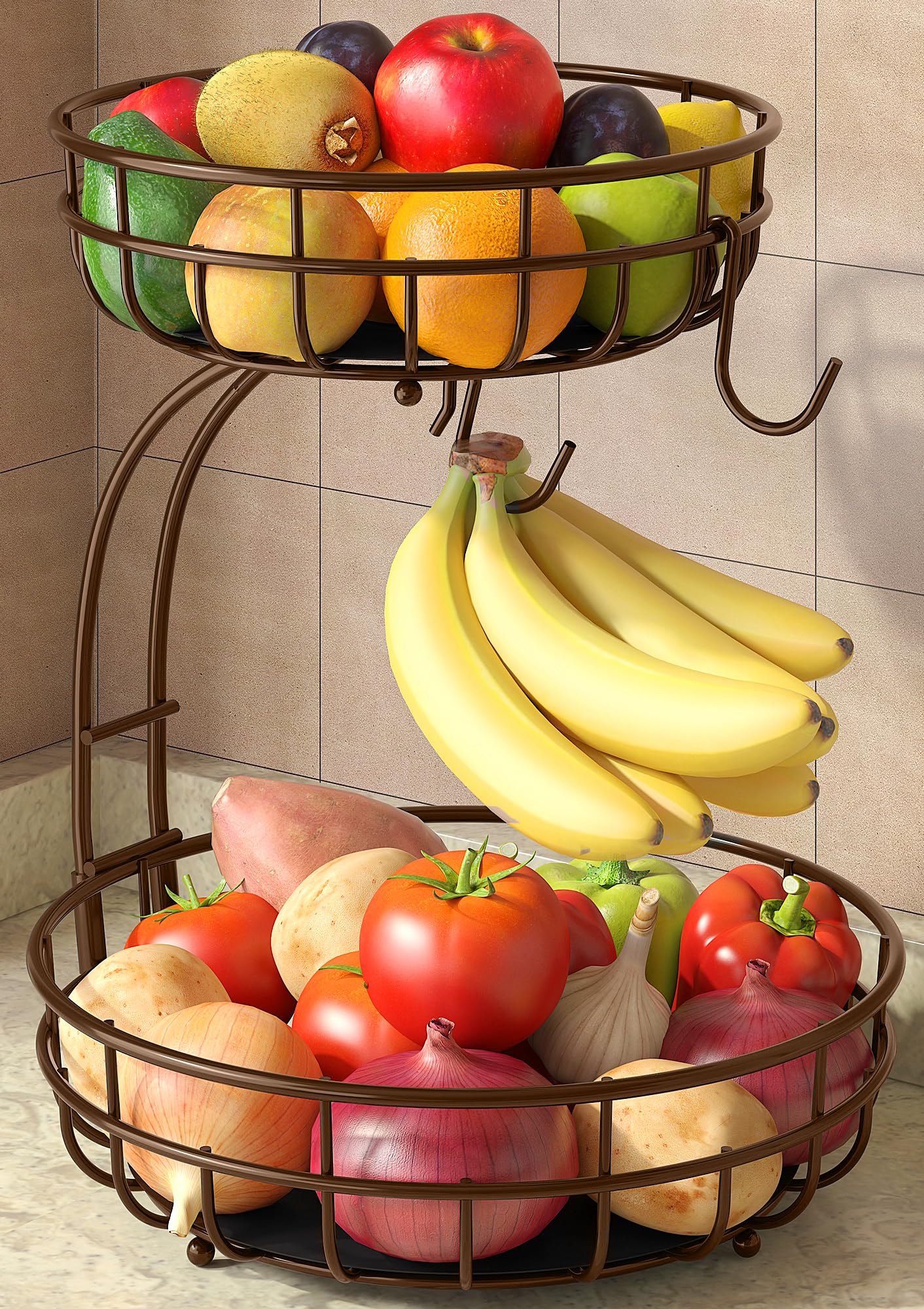 Sevenblue 2 Tier Modern Fruit Bowl with 2 Banana Hangers, Brown, XL