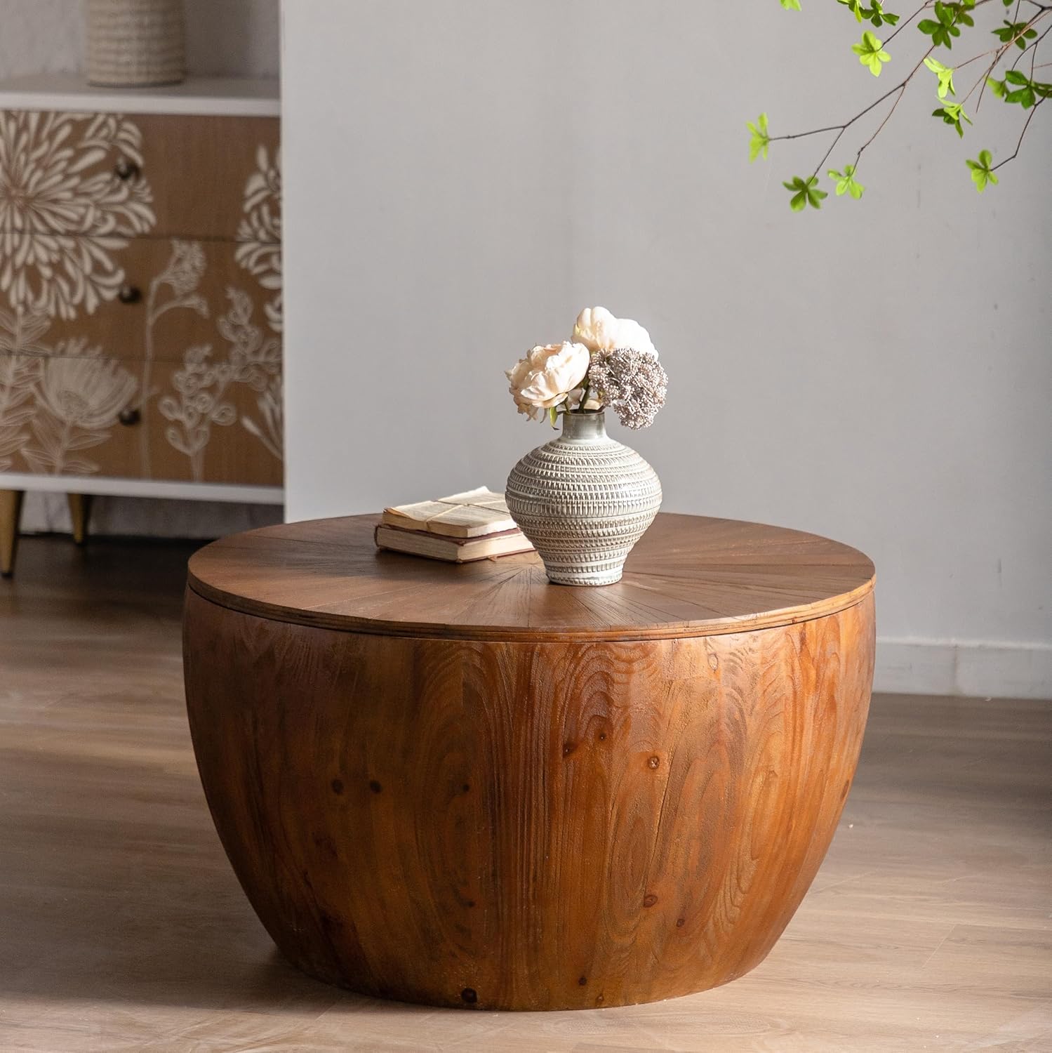 31.50" Vintage Style Bucket Shaped Coffee Table with Storage Function 31.50" L x 31.50" W x 17.72" H for Living Room Office and Dining Room