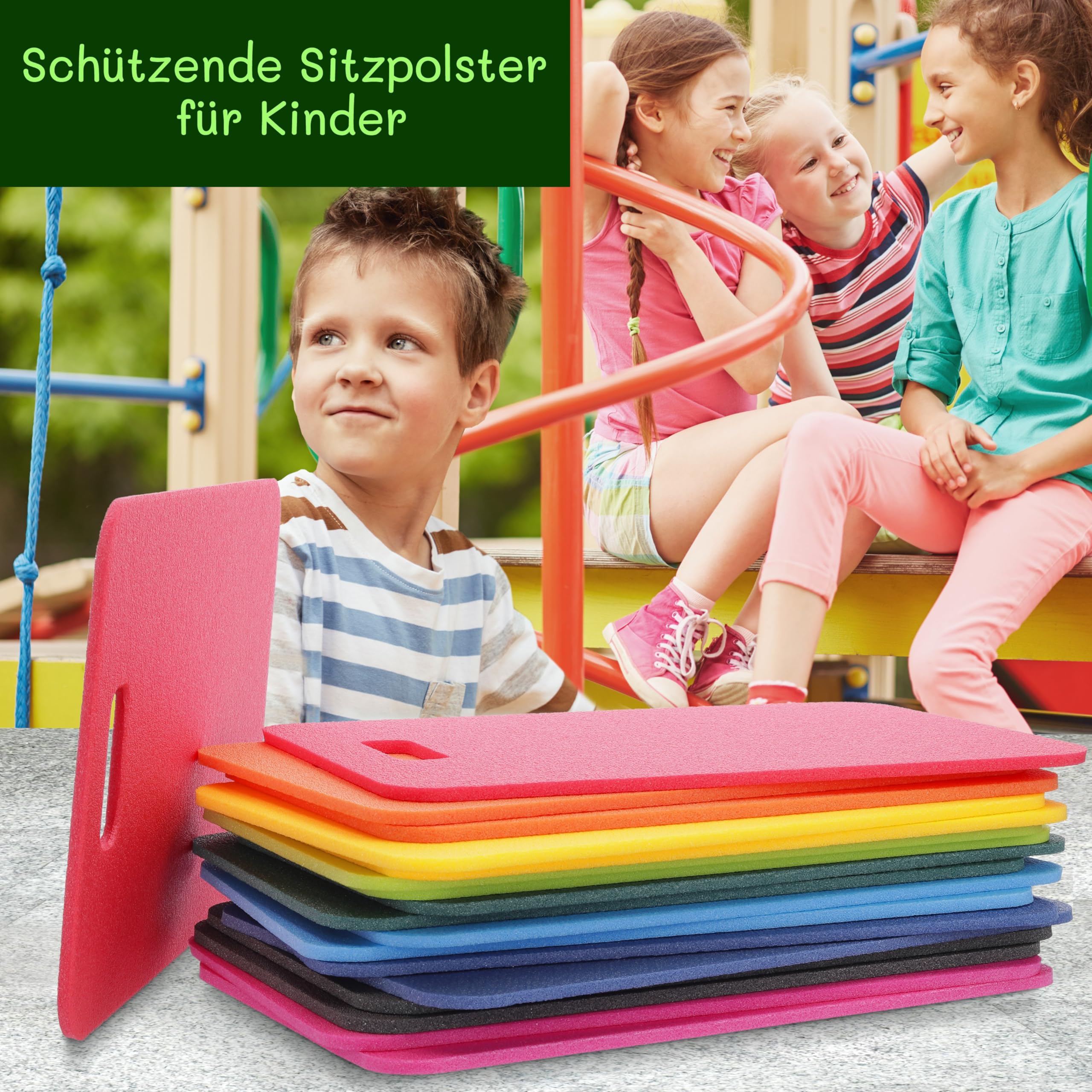 Yate 18er Set Sitzkissen – wasserdichte Outdoor Sitzunterlagen Viereckig mit Griff – Bunte Stuhlkissen in Regenbogenfarben – Ideal für Kindergarten, Schule, Ausflüge & Garten