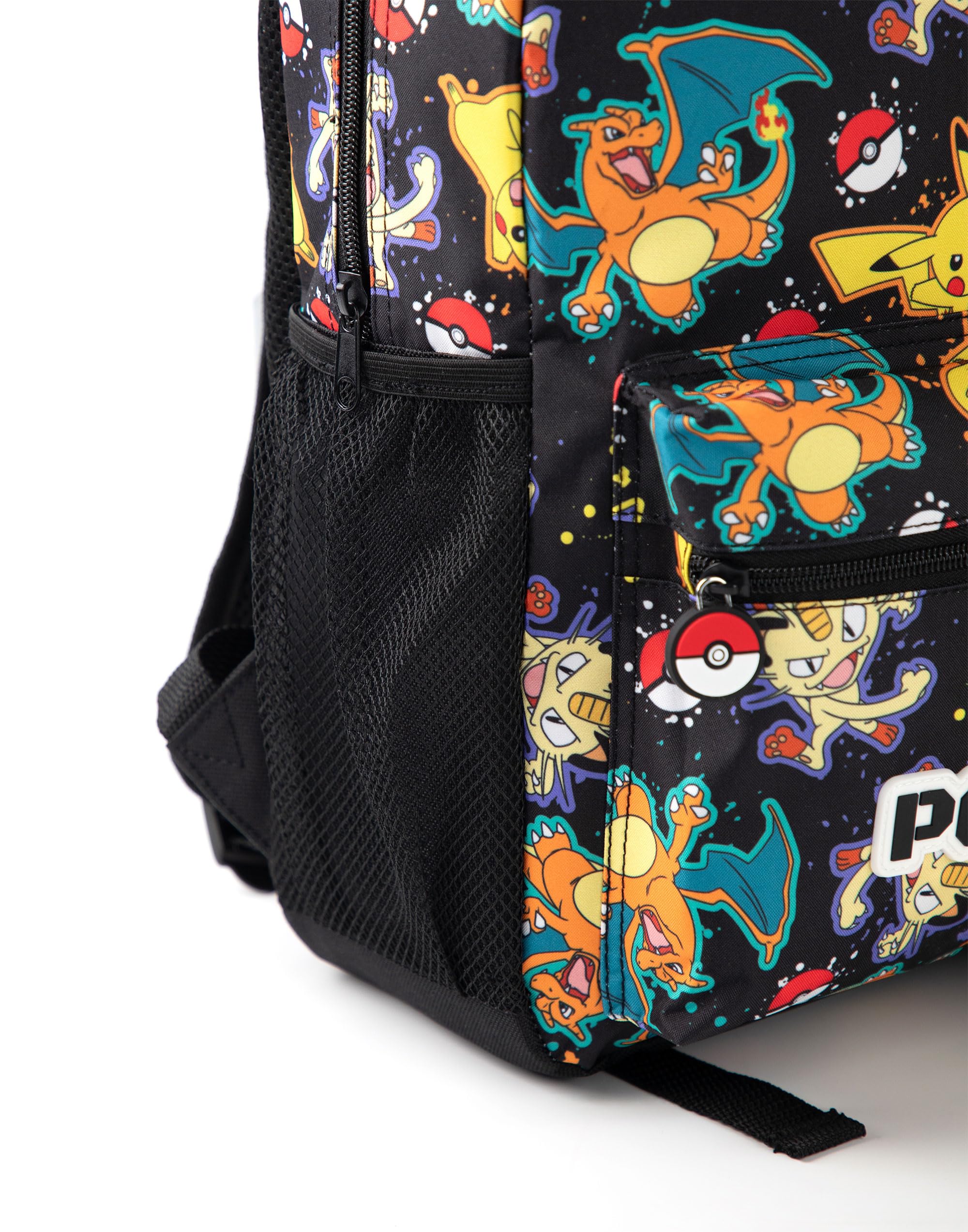 Pokémon Mochila Pikachu Charizard Gengar Meowth en Negro | Personaje infantil Bolsa estampada por toda la prenda | Correas de hombro ajustables, bolsillo frontal y soporte de malla