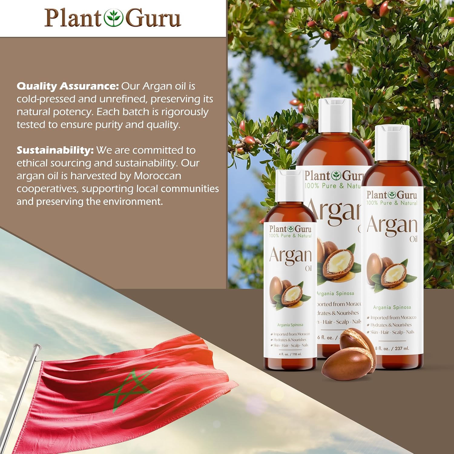 Plant Guru Argan Oil 32 fl. oz. Morocco Virgin, Cold Pressed 100 Pure Natural - Stimulates Hair Growth, Skin, Face And Body Moisturizer.