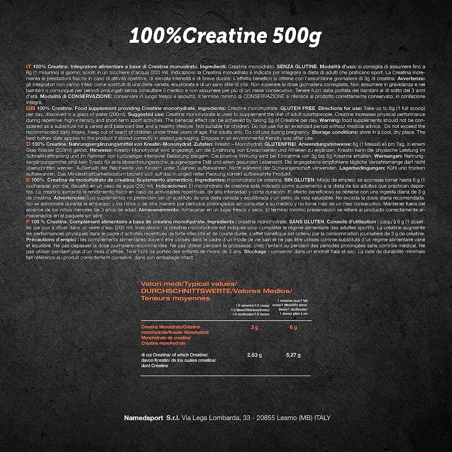 NAMEDSPORT 100% Creatine 500g - 200 MESH - Integratore Alimentare di Creatina Monoidrato Micronizzata Purissima, Ideale Per Resistenza ed Energia