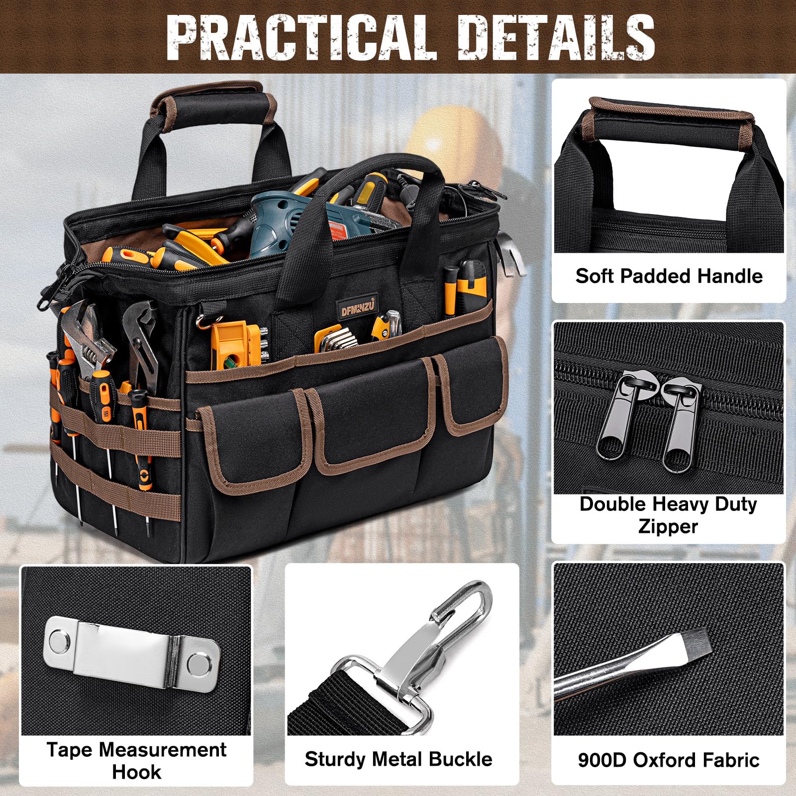 Borsa porta attrezzi da uomo, resistente, con 34 tasche, con tracolla regolabile, organizer portatile per elettricisti, meccanici, falegnami, lavoratori edili, HVAC