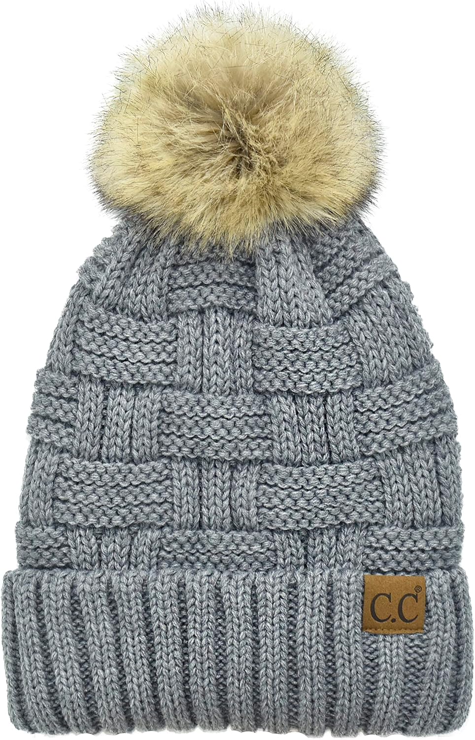 C.C Knit Beanie Hat – Fuzzy Fleece Lined Warm Winter Hat, Faux Fur Pom Soft Stretchy Slouchy Knit Cap, Cold Weather Beanie - Image 6