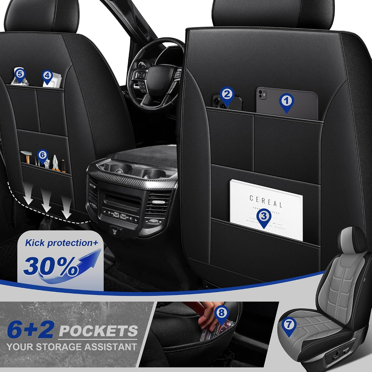 YORKNEIC Fit Dodge Ram 1500 Seat Covers 2012-2025 2026 2500 3500 Faux Leather Waterproof Truck Crew Cab Car Full Set Big Horn/Laramie Curved Bench (Black&Grey)