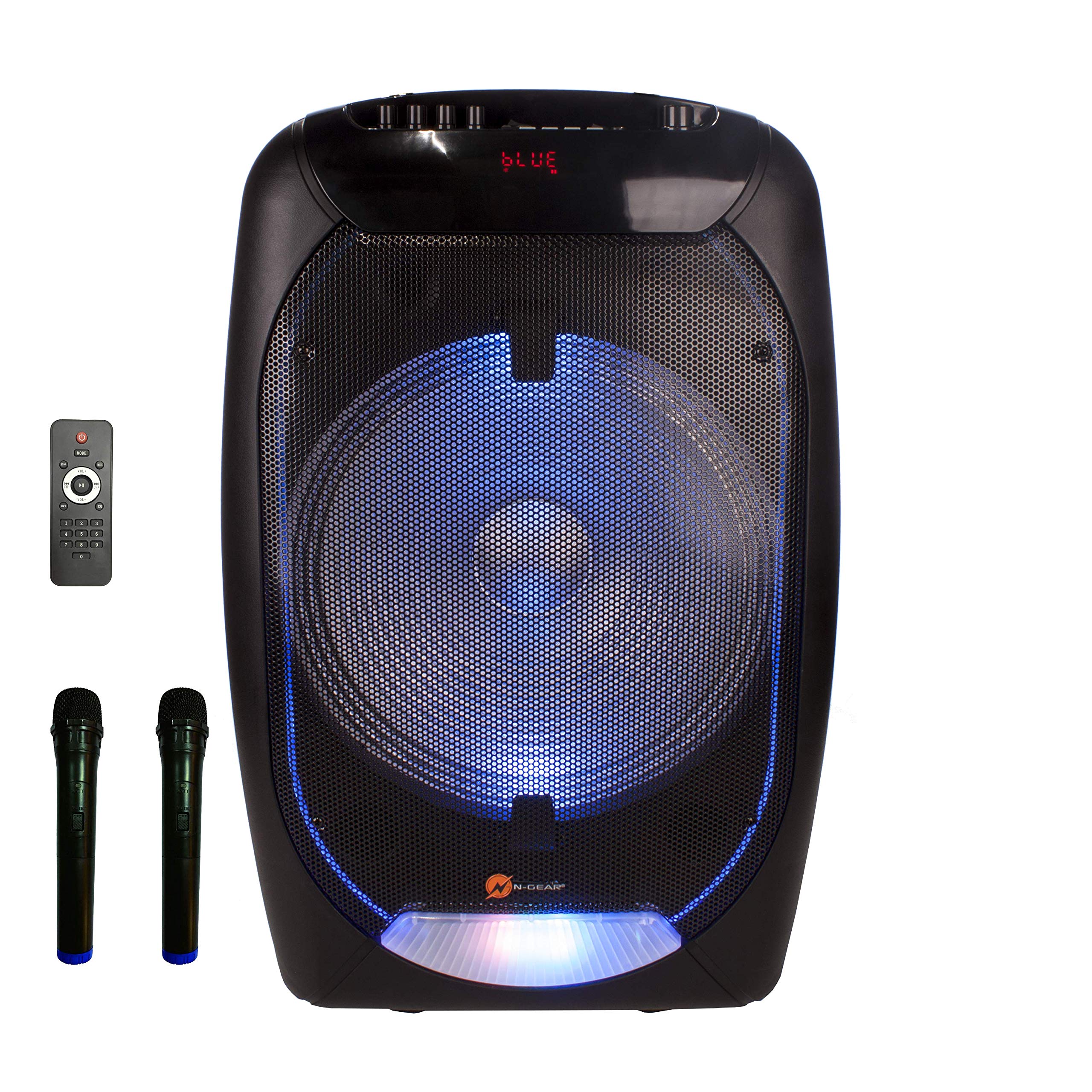 Front view of the N-Gear The Flash 1510 Bluetooth Speaker Trolley with its handle extended, showing the illuminated speaker grille.