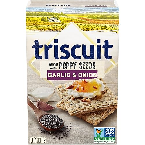 TRISCUIT Galletas, ajo y cebolla con sabor a semillas de amapola, 1 caja (8 onzas)