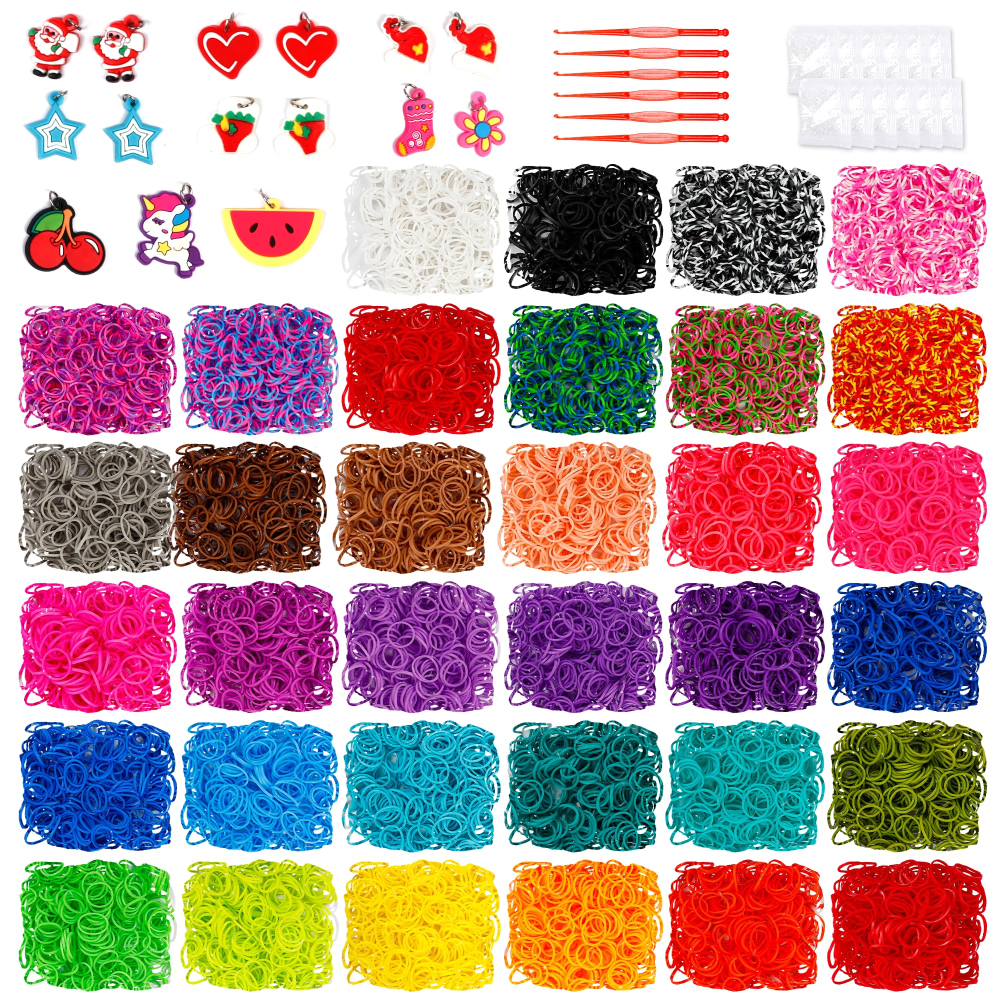 INSCRAFT 17160+ Kit di ricarica per elastici in 34 colori con 600 clip, 6 ganci, 1 istruzioni (lingua italiana non garantita), kit fai da te per la creazione di braccialetti fai da te, ottimo regalo