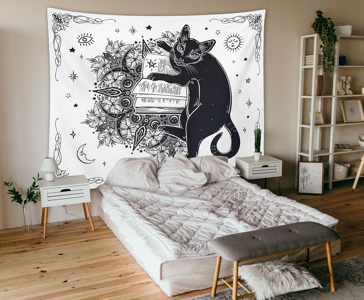 Gothic Witchy Tapestry Witchcraft Magic Moon Skulls Spells Witch Kit Black and White Wall Hanging Goth Wall Decor Witch Tapestry (Cat, 59"x79")