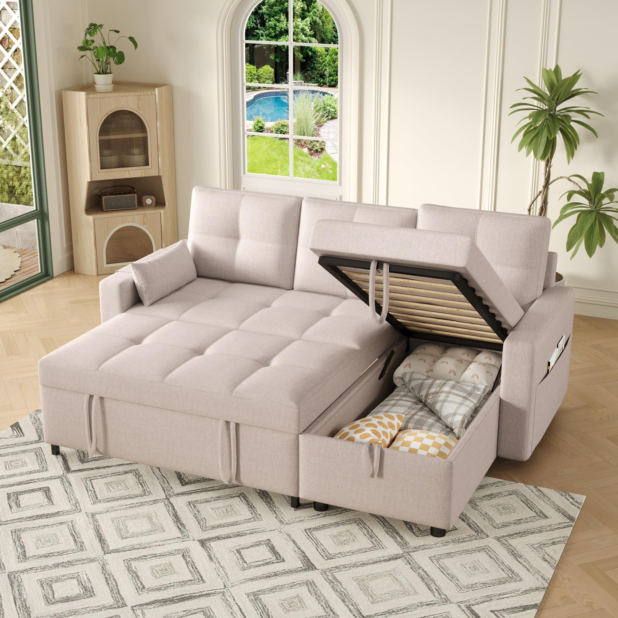 Lubvtti Sofá Cama 3 plazas con función de Cama,sofá esquinero Moderno en Forma de L con portavasos y Espacio de Almacenamiento, sofá 3 plazas,Lino,Beige