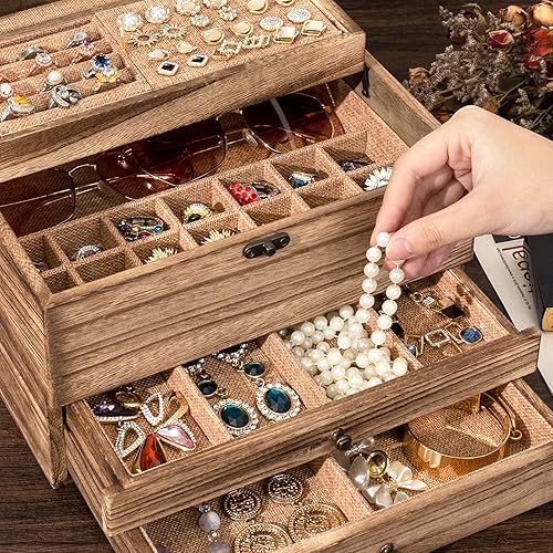 Miniatura 7 de Emfogo Joyero para mujer caja organizadora de joyas grande de 4 capas regalos de Navidad para mujeres cajas de joyería de madera rústica y