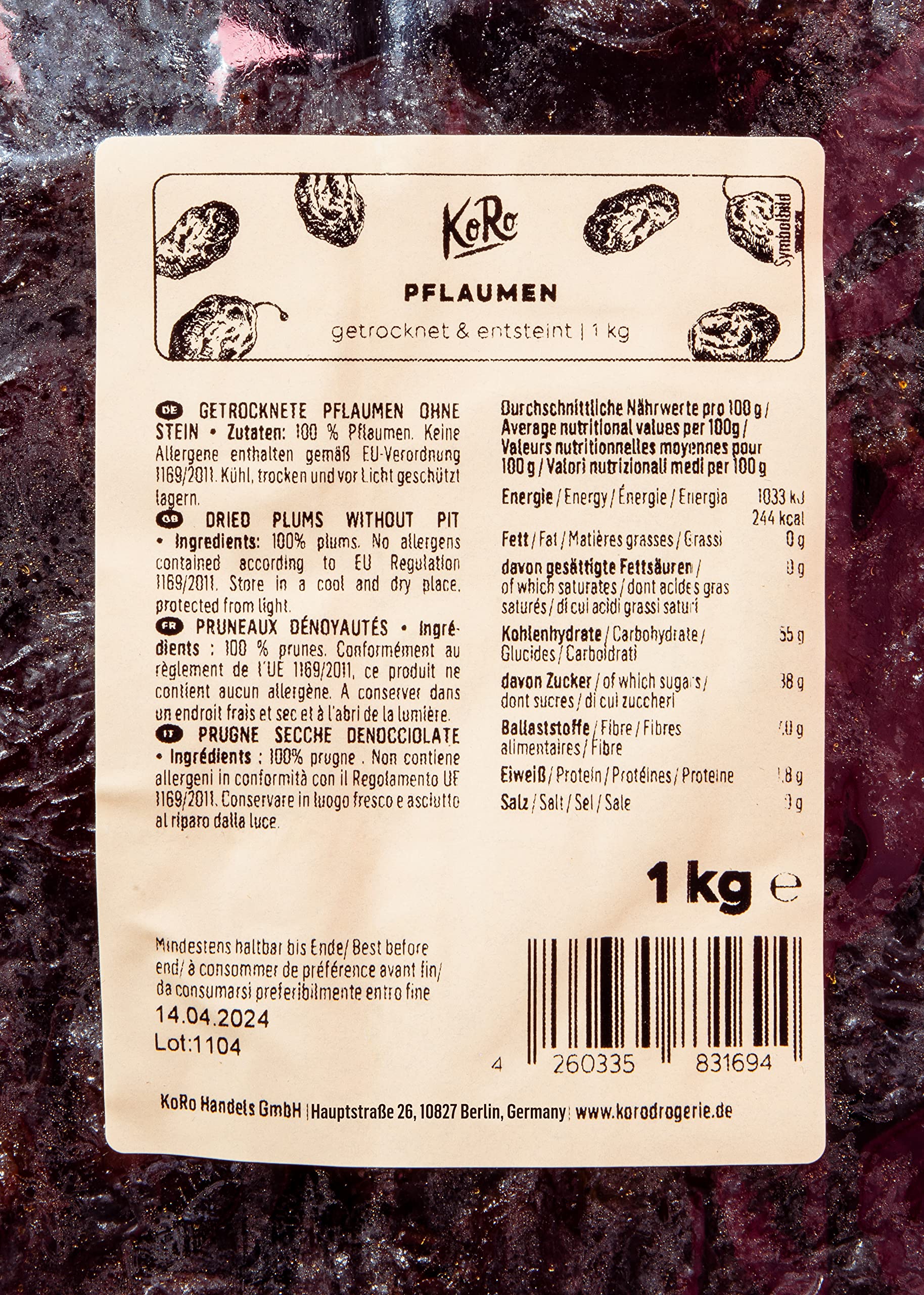 KoRo - Prugne secche denocciolate 1 kg - prugne essiccate senza nocciolo - senza zolfo, senza conservanti e non dolcificato