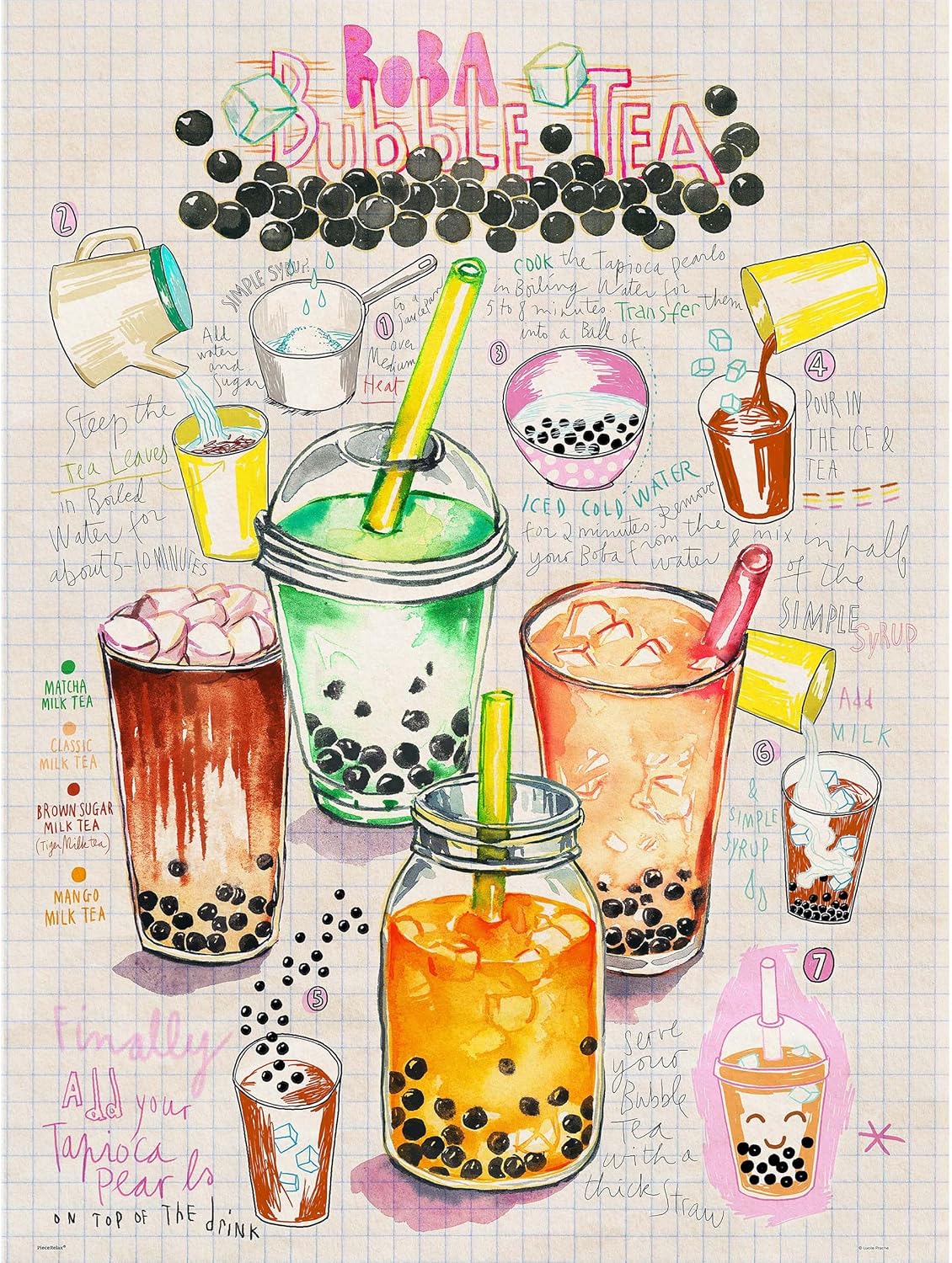 PieceRelax PieceClicks PieceClicks Plastic Jigsaw Puzzle for Adults 1000 Pieces - Lucile Prache - Bubble Tea - 25.2 X 18.9 Inches, Most Satisfying Table Games, No Glue Needed [U1083]