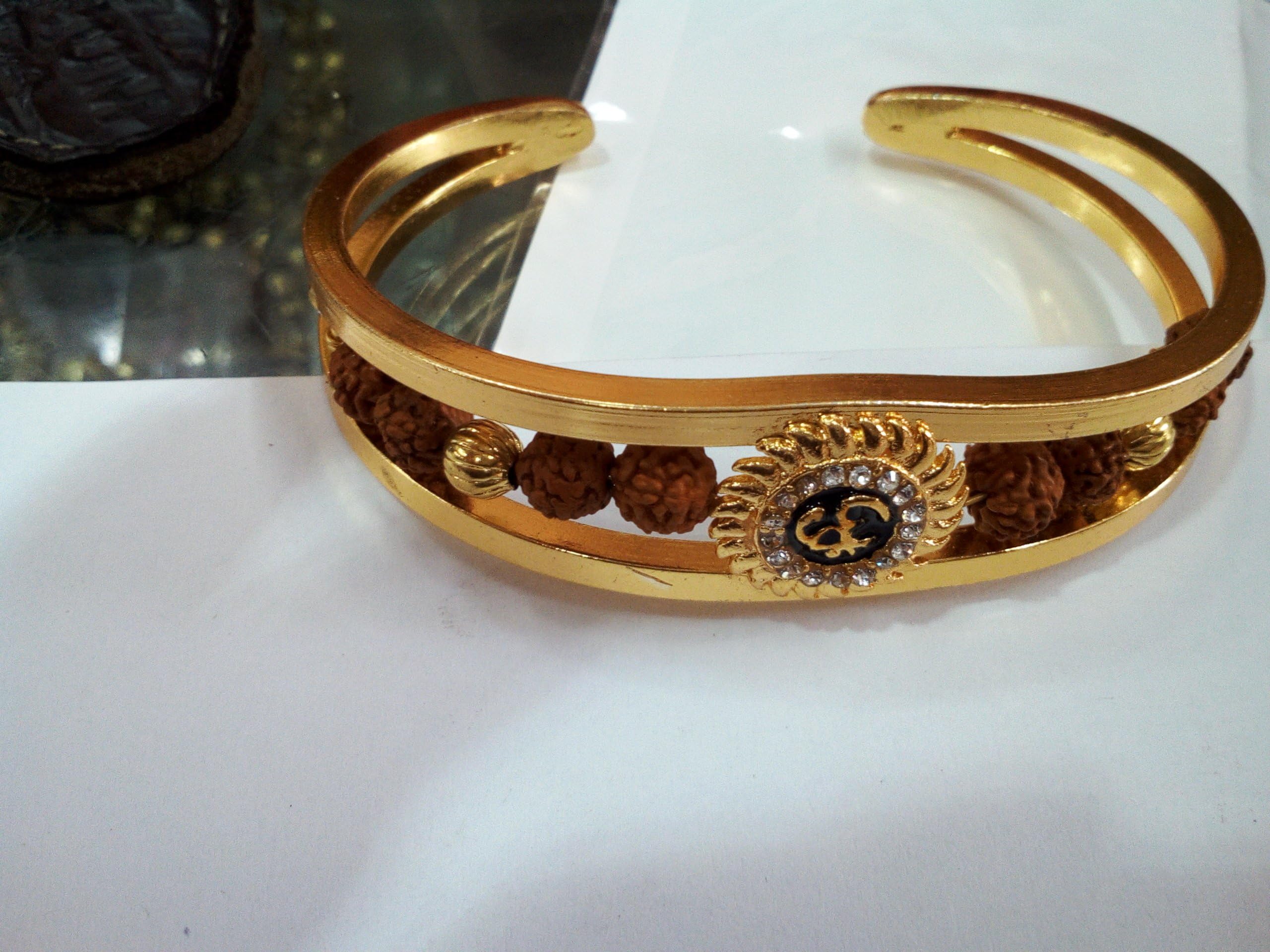 Rudraksh American Diamond Gold Meena Om Cuff Kada Bracelet
