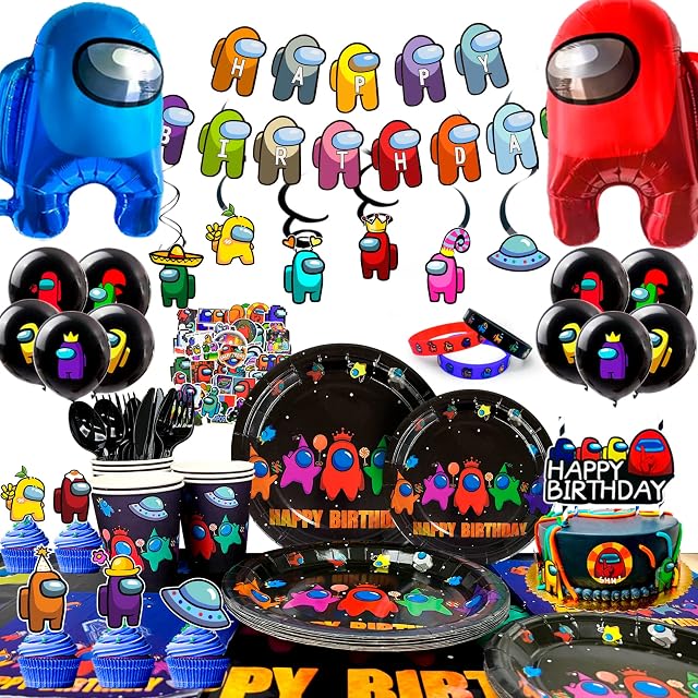 Among Us Birthday Party Supplies,174Pcs Among Us Birthday Decorations&Tableware Set-Among Us Party Plates Cups Tablecloth, Among Us Balloons Banner Stickers etc Among Us Theme Party Decor Supplies