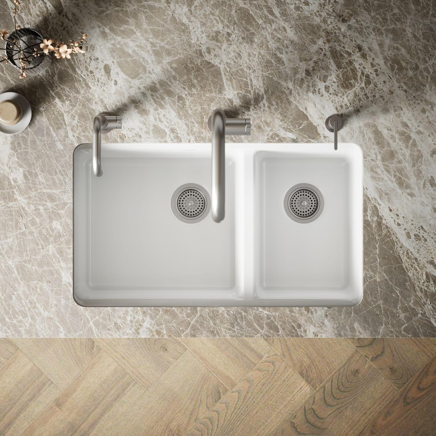 KOHLER Riverby® 33" Offset Undermount Kitchen Sink, 9" Deep Large/Medium Double-Bowl, Kitchen Sinks with Accessories and 5 Faucet Holes, K-8669-5UA3-0, White