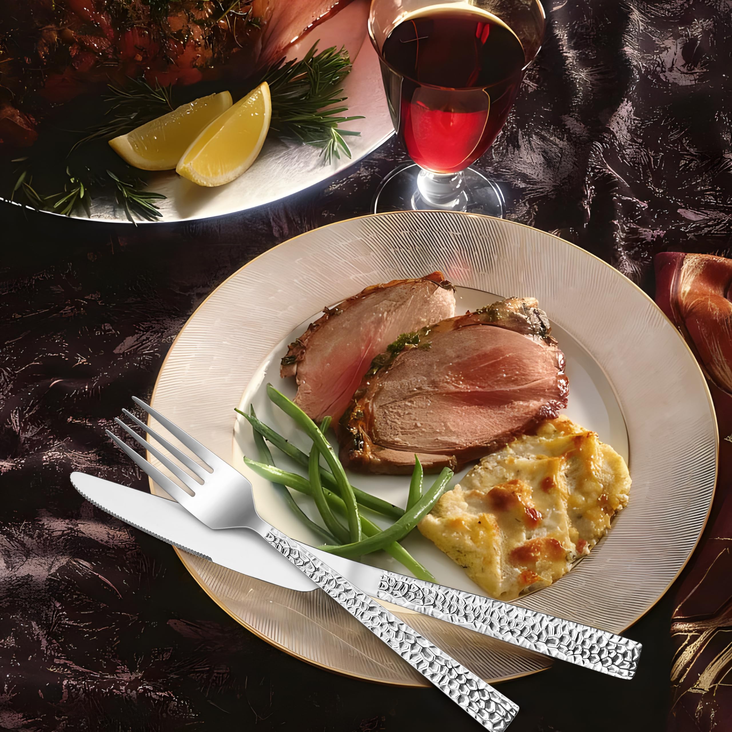 HaWare Couverts à steak pour 12 personnes, 24 pièces, couteau et fourchette de table en acier inoxydable, couteau et fourchette avec poignée marteau pour steak/pizza, passe au lave-vaisselle