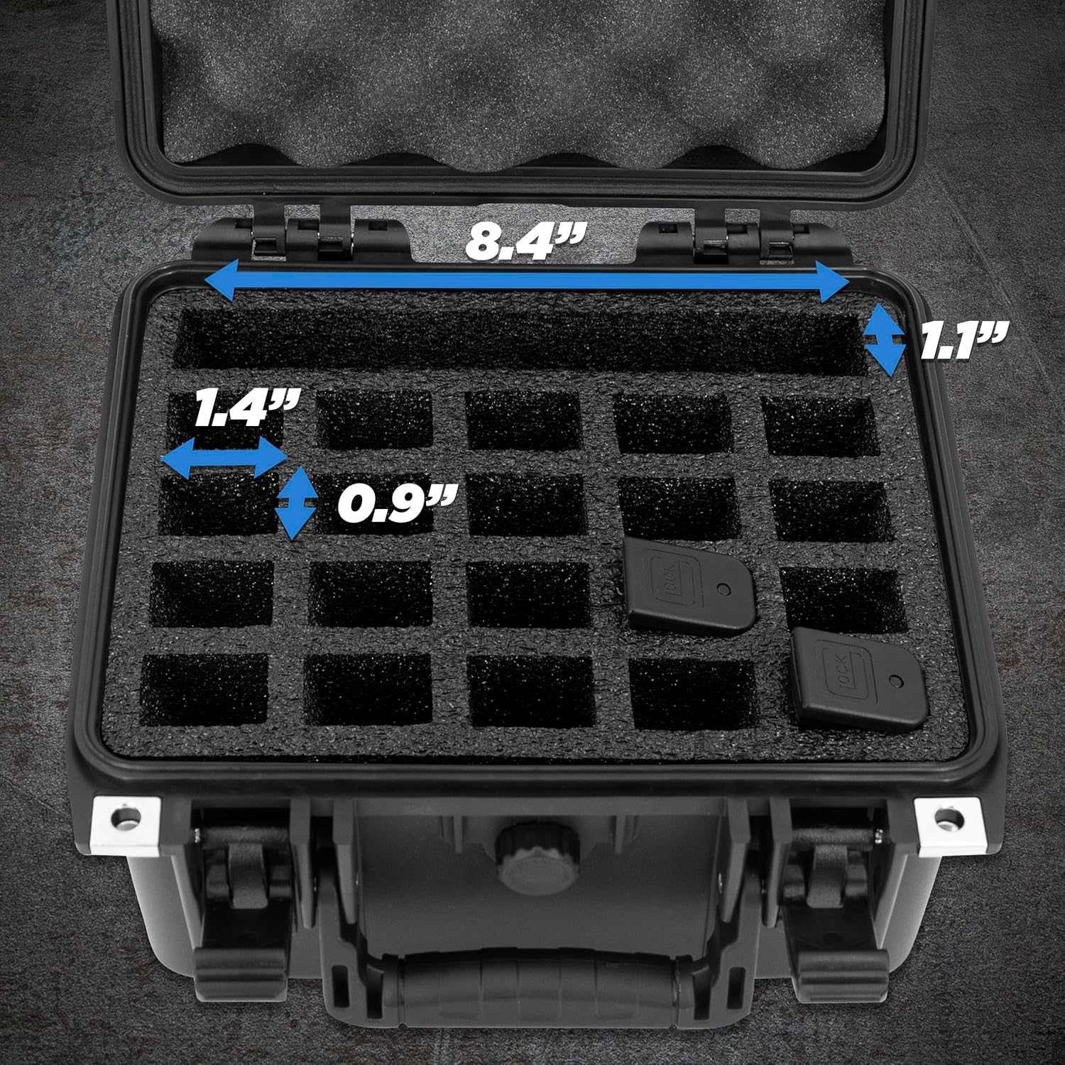 CASEMATIX 25 Pistol Magazine Storage Case or 20 Magazine & 1 Pistol Case - TSA Approved Waterproof Gun Magazine Storage for 25 9mm Magazines with Oil-Resistant Foam and Hard Shell Exterior