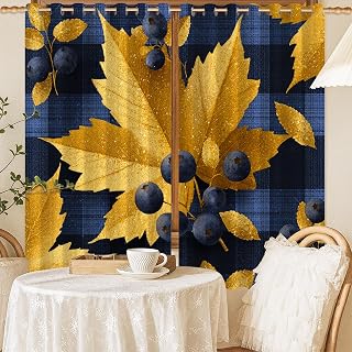 Maple Leaf Blackout Curtains, Autumn Rustic Blueberry Golden Leaf Fall Navy Blue Machine Washable Light Blocking Curtains for Living Room Home Office Window Decor 52x54 Inch