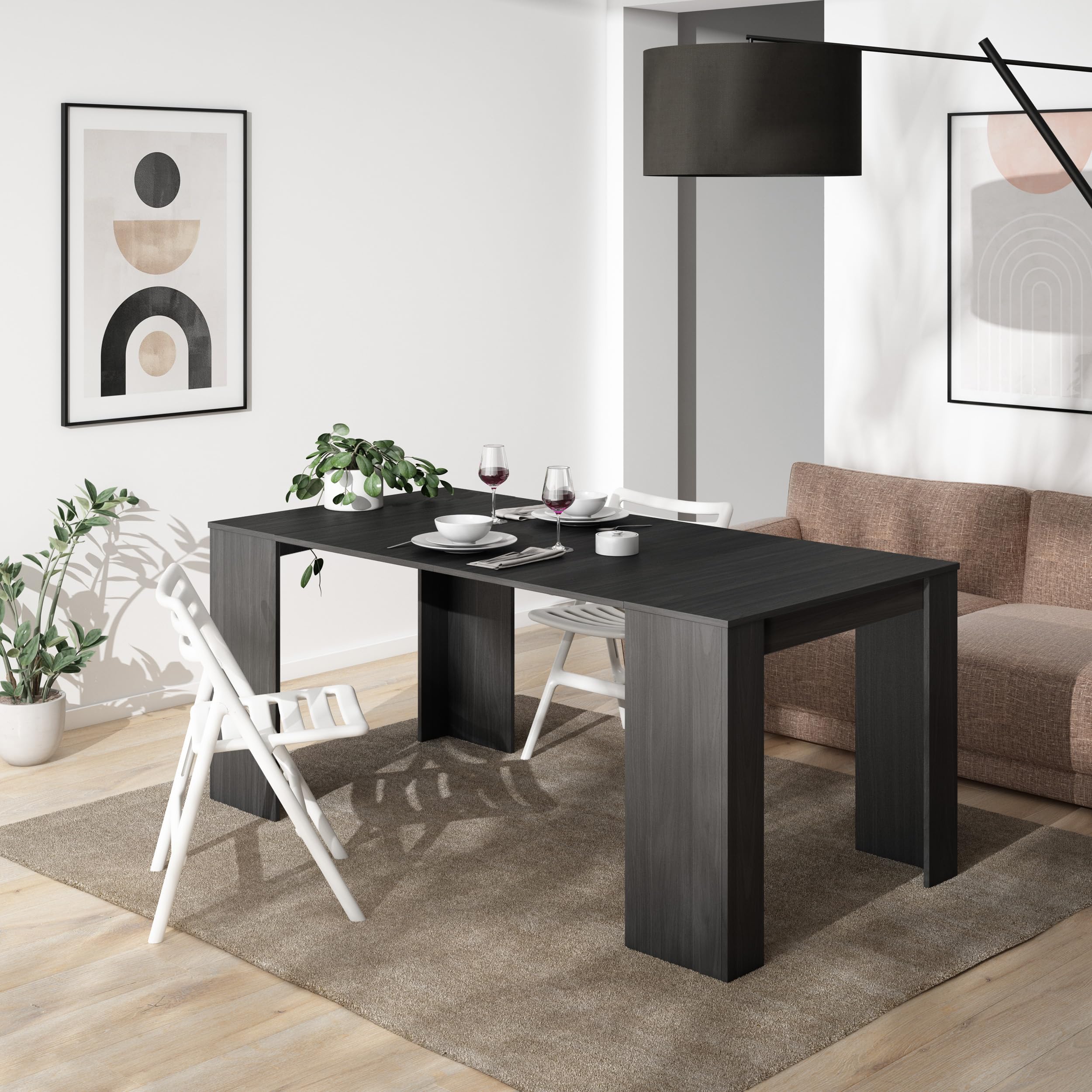 Skraut Home | Table Console Extensible | Console Meuble | 180 | pour 8 Personnes | Table à Manger | Style Moderne | Noir