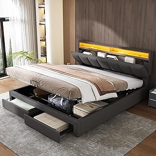 Upholstered Bed Frame with Hydraulic Lift & Drawers & Adjustable Concealed Storage Headboard, 5ft King Size Bed Frame with LED Lighting, Linen Functional Ottoman Storage Beds with Wooden Slats, Grey