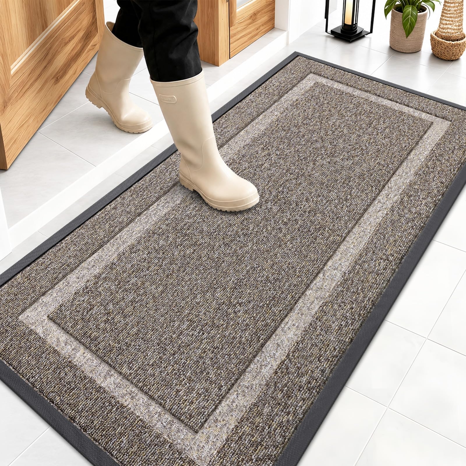 OLANLY Front Door Mat Indoor Outdoor Entrance, Waterproof All-Season, All-Weather Doormat, Sturdy Natural Rubber, Low Profile, Easy Clean Patio Porch Entryway Mat, 47x23, Khaki and White