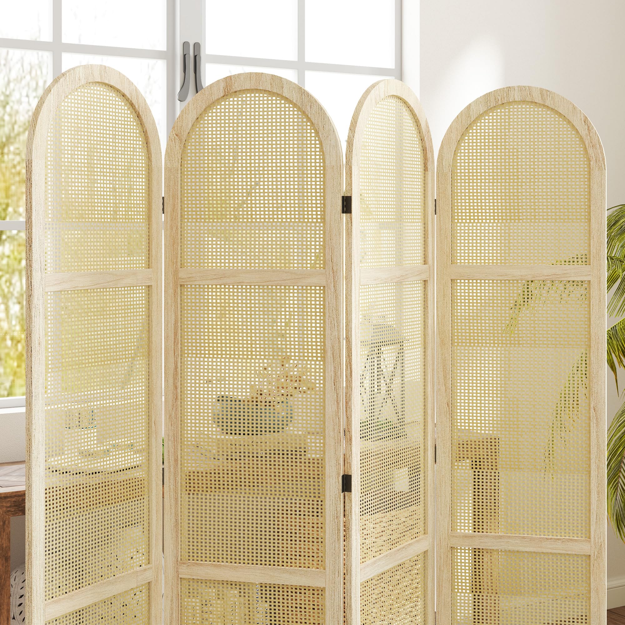 HOMCOM Paravent Interieur en Bois 4 Panneaux 170 x 160 cm séparateur de pièce Pliable et Portable, Motif tissé à la Main, cloison de séparation pour Salon Chambre à Coucher Maison, Bois Naturel