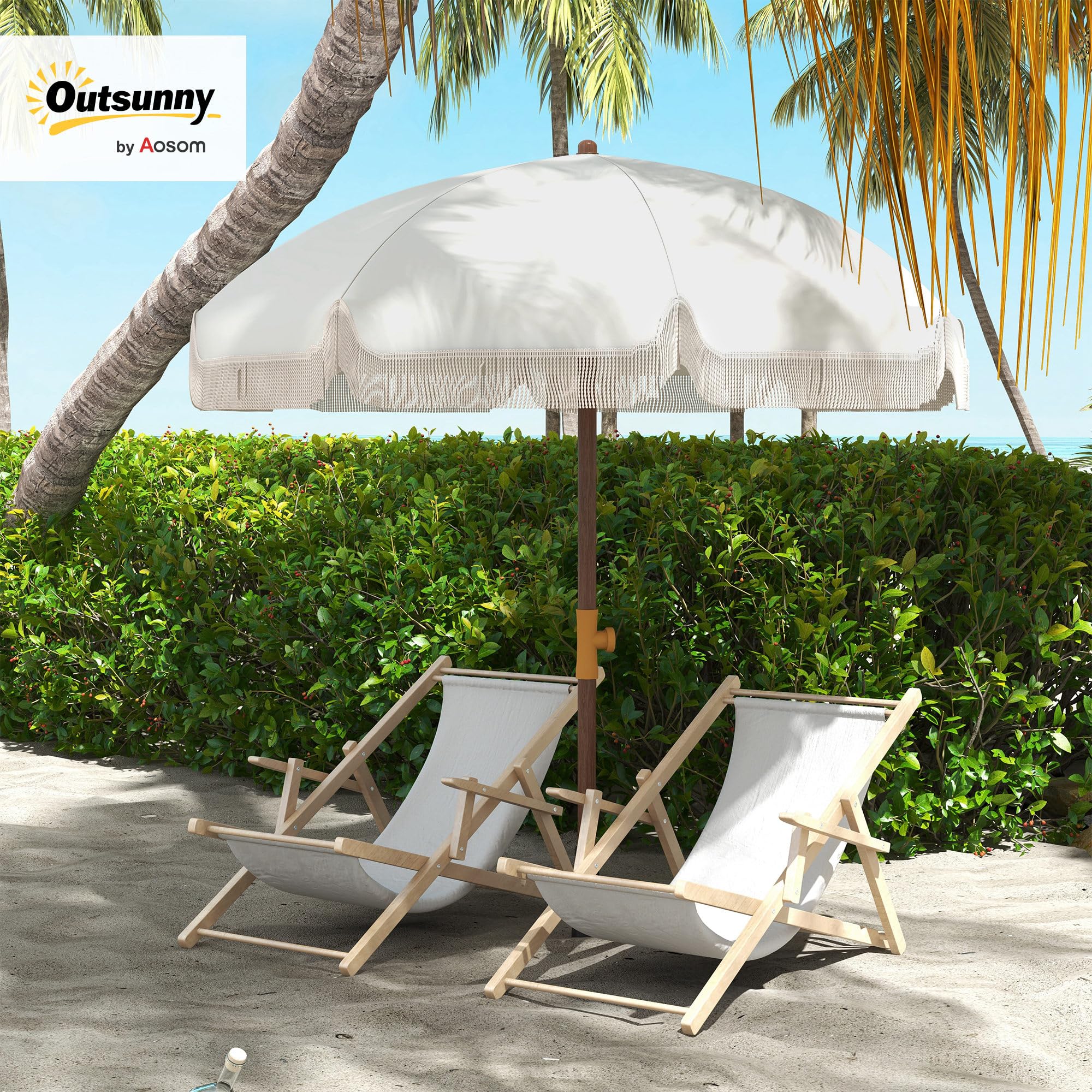 Outsunny Parasol de Plage à Frange Protection UV 40+ 8 Baleines Gris Clair