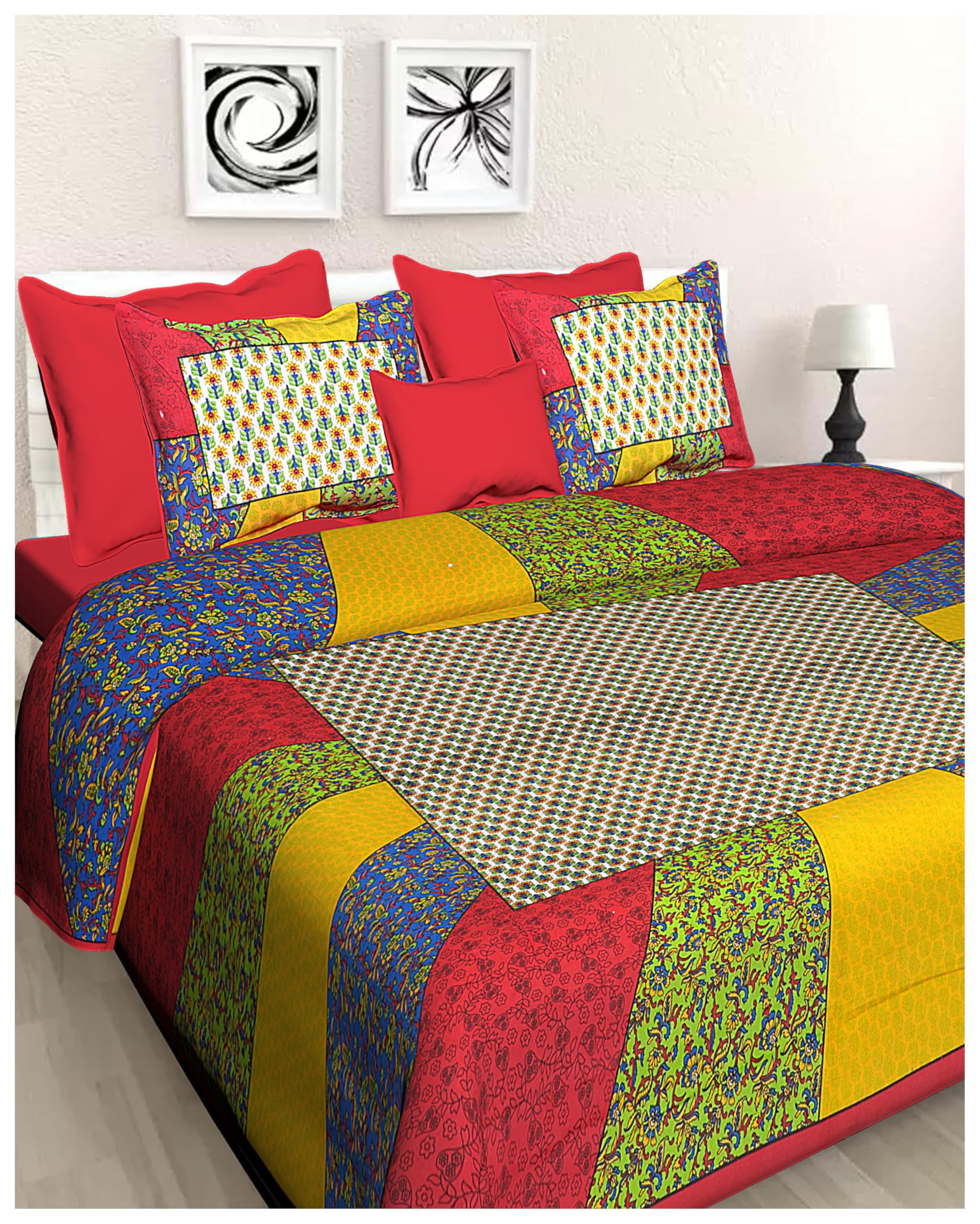 Patchwork Quilt Bedspread Set, Multi-Color, Cotton, Double Bed, with 2 Pillow Covers, Bohemian Style-image-3