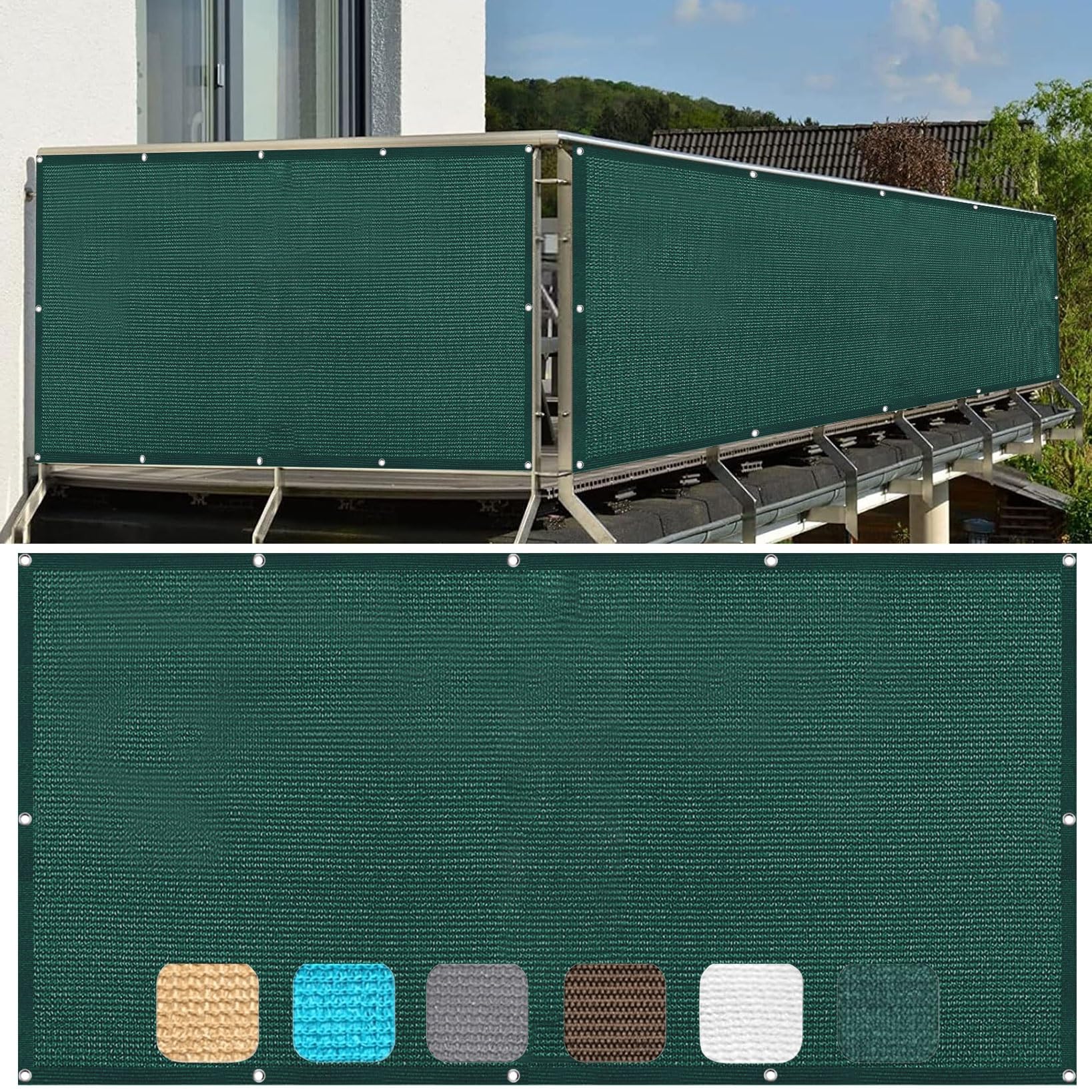 Brise Vue Balcon Exterieur 170 x 1000 cm Revêtement et Pare Vue de Balcon Filet Occultant Jardin avec Oeillets et Cordons, Facile a Poser pour Balcon et Clôture Porches, Vert Foncé