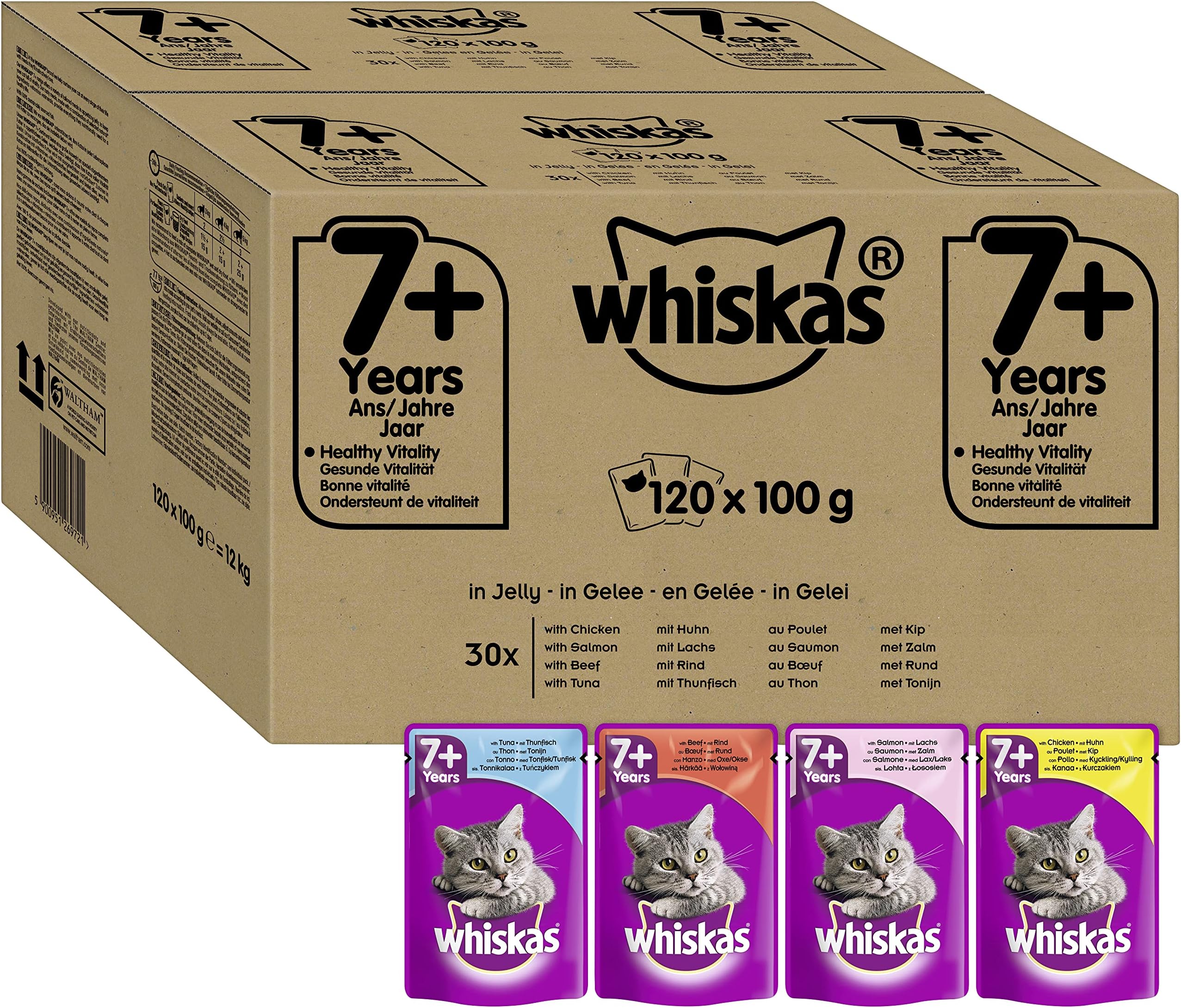 Wet Pouches, Fish and Meaty Selection in Jelly, Suitable for Senior Cats Aged 7+, MegaPack (120 x 100 g)