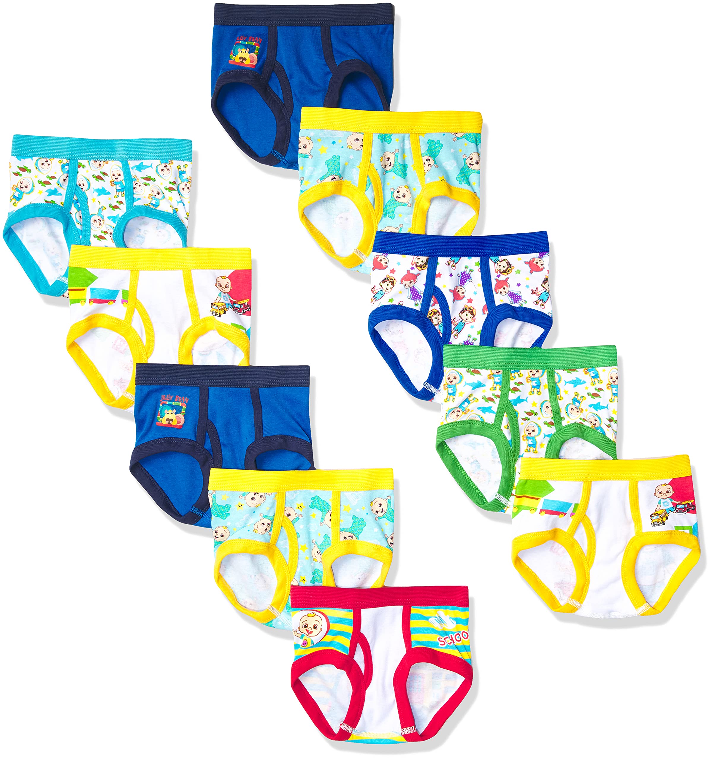 CoComelon boys Amazon Exclusive 10-pk & 7-pk of 100% Combed Cotton Briefs in Sizes 18m, 2/3t and 4t