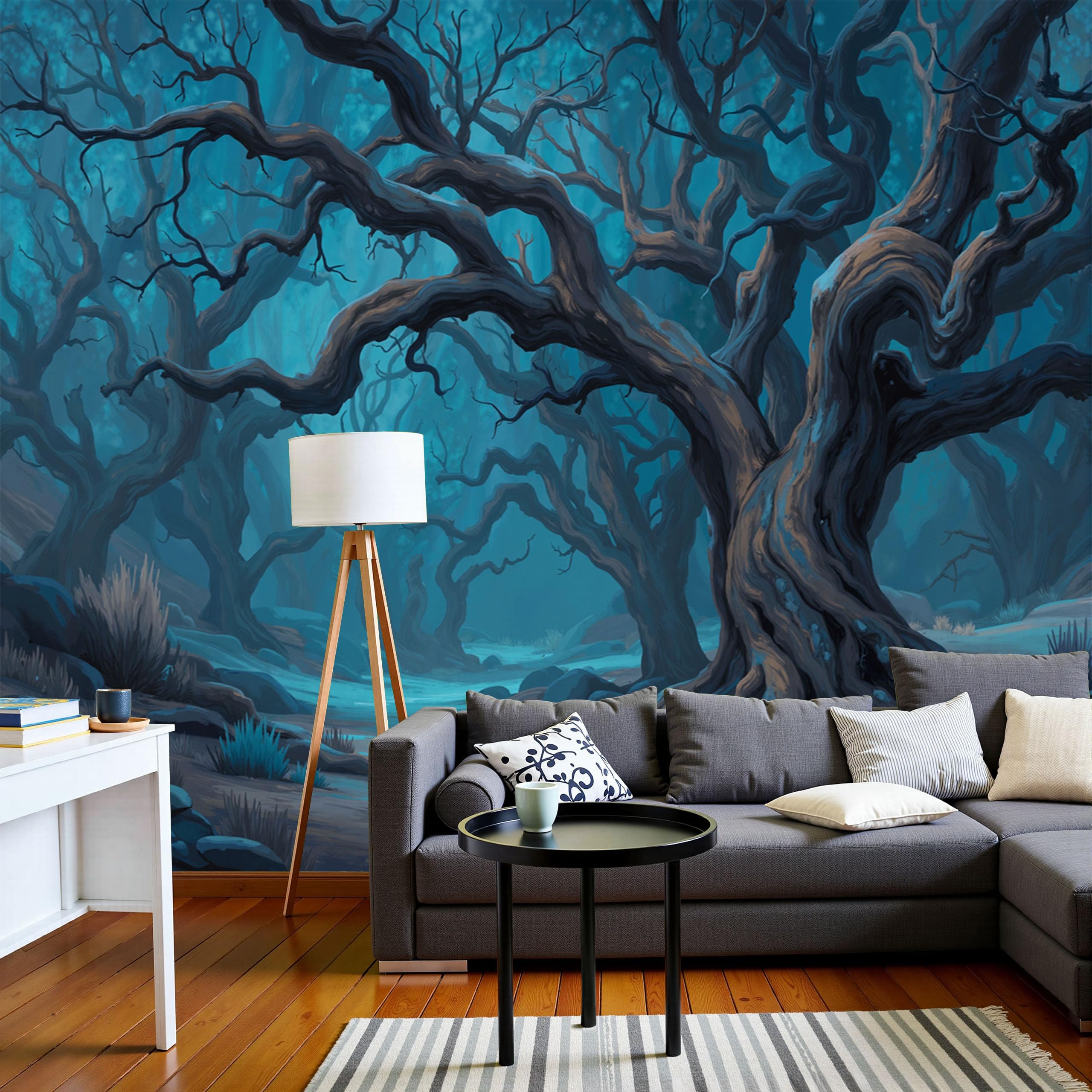 Papier peint forêt d'arbres morts bleu foncé panoramique haut de gamme 350x256