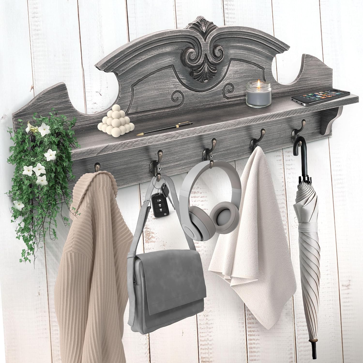 Gorgeous 24" Farmhouse Coat Hanger Wall Mount With Shelf and Hooks for Entryway - Wall Mounted Rack for Hanging Coats, Jackets, Purses, Keys (Gray)