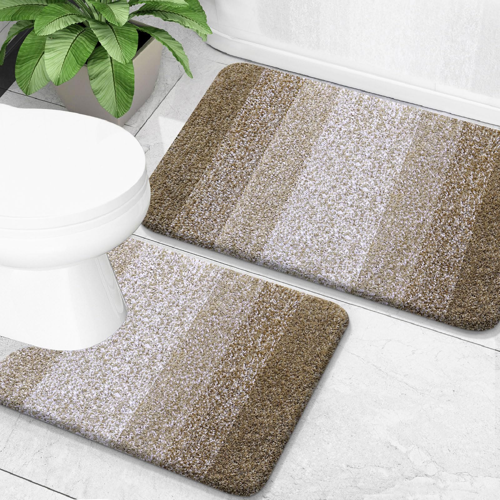 OLANLY Bathroom Rug Set 2 Piece, Soft Absorbent Microfiber Bath Mats and U-Shaped Contour Toilet Rug, Non-Slip, Machine Wash Dry, Plush Shaggy Bath Mats for Bathroom (30"x20"+24"x20", Coffe) — image 1