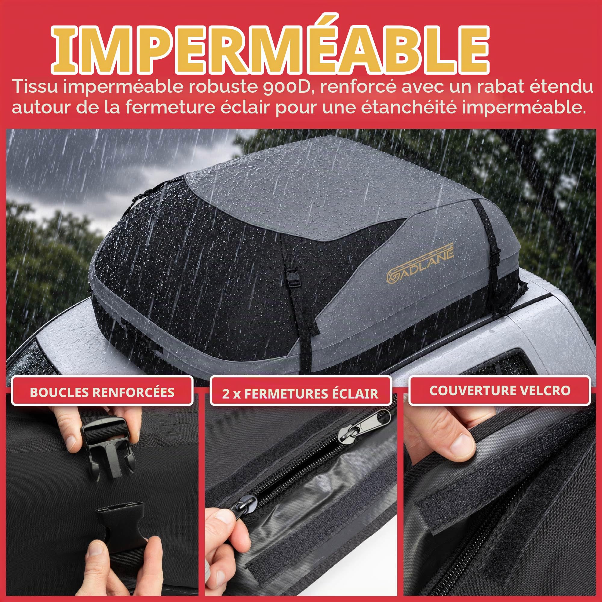 GADLANE Sac de Toit de Voiture - Coffre de Toit étanche 400L (Gris)