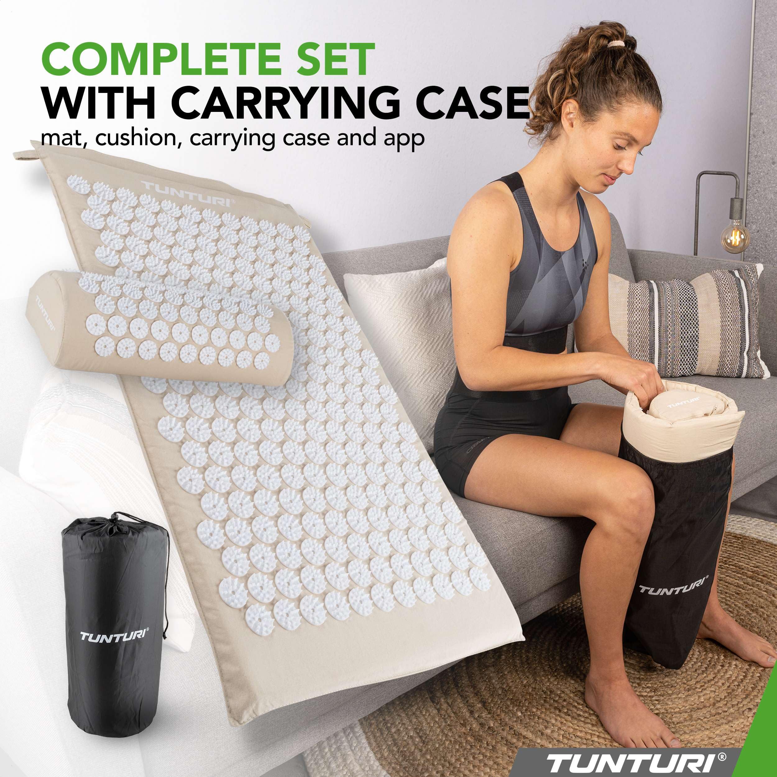 Tunturi Esterilla de acupresión y almohada – Esterilla de acupuntura – Esterilla de acupresión 2 en 1 – Anti estrés – 68 x 42 x 2 cm – Beige